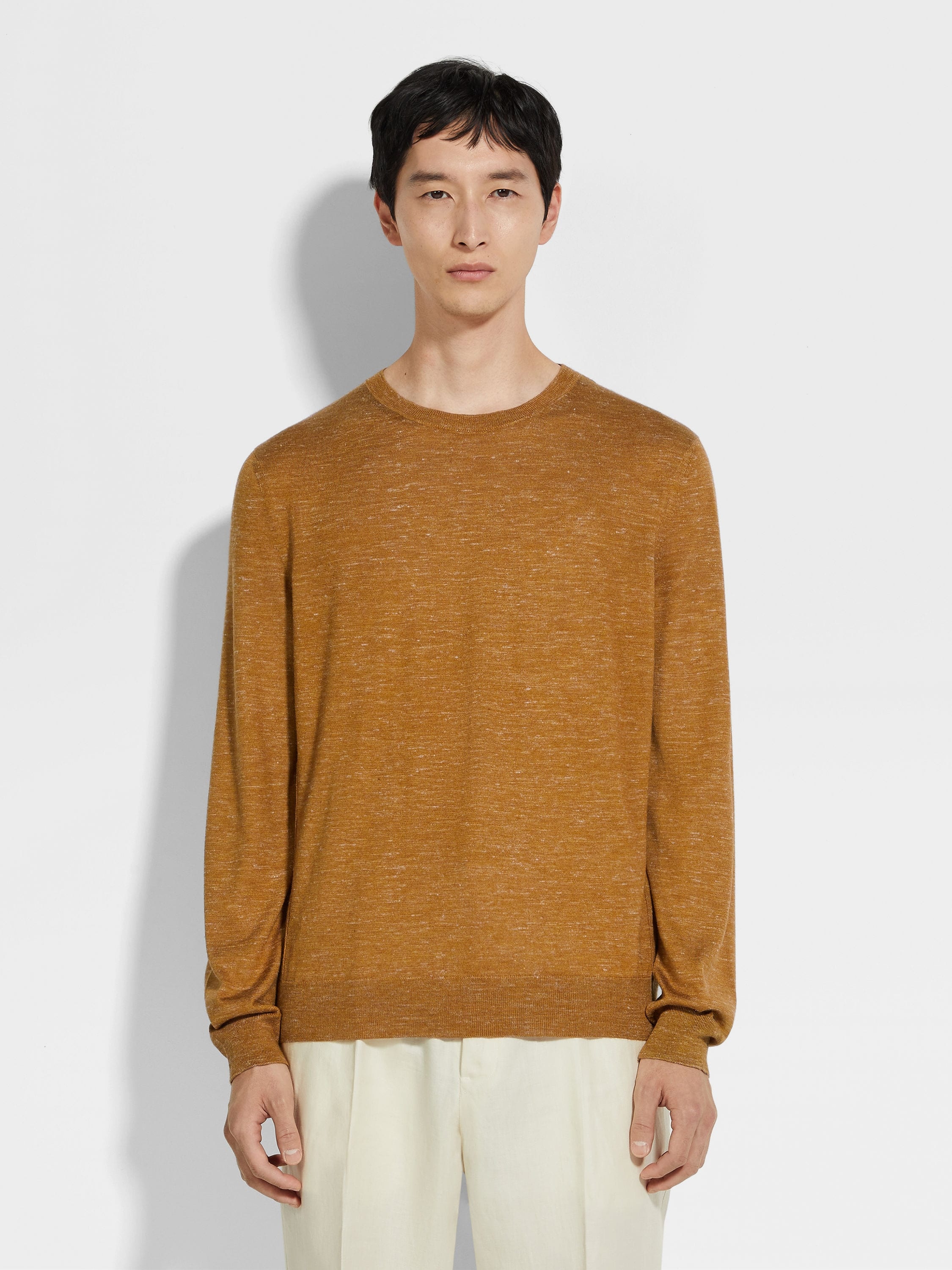 OCHRE MÉLANGE SILK CASHMERE AND LINEN CREWNECK - 4