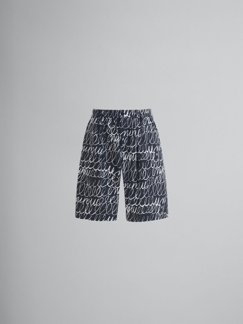 BLACK POPLIN DRAWSTRING SHORTS WITH MARNI SCRIBBLE MOTIF - 1