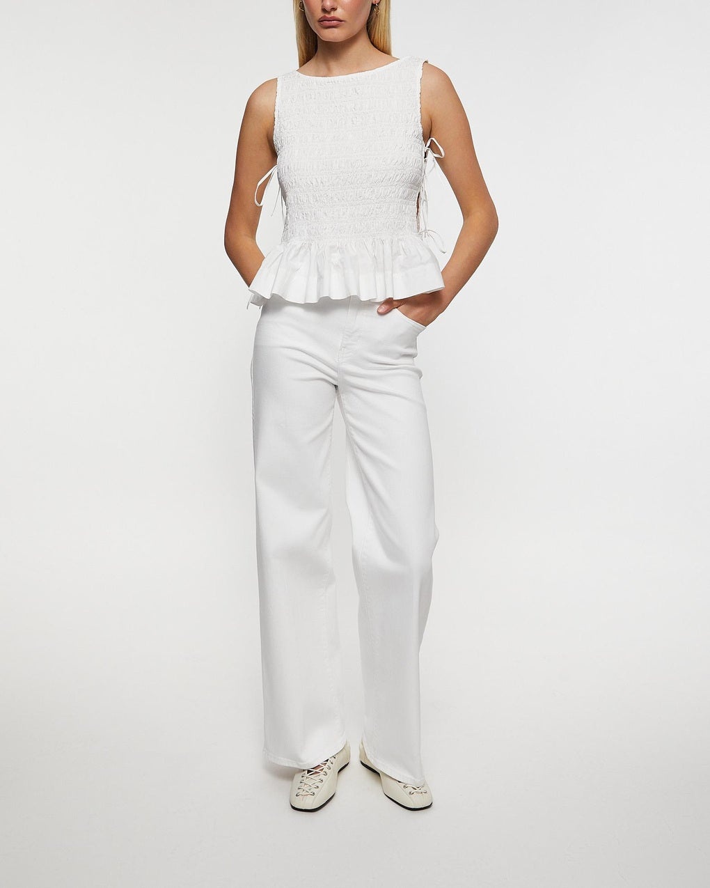 Top Cotton Poplin Smock Tie String White - 3