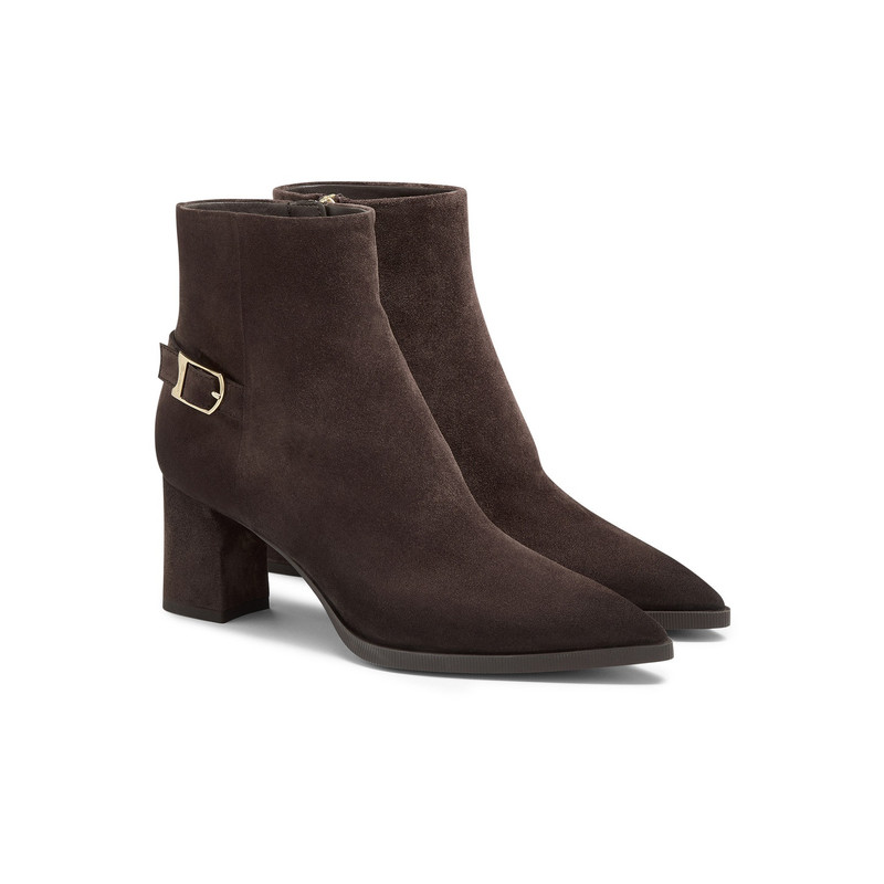 Santoni Women's dark brown suede mid-heel ankle boot outlook