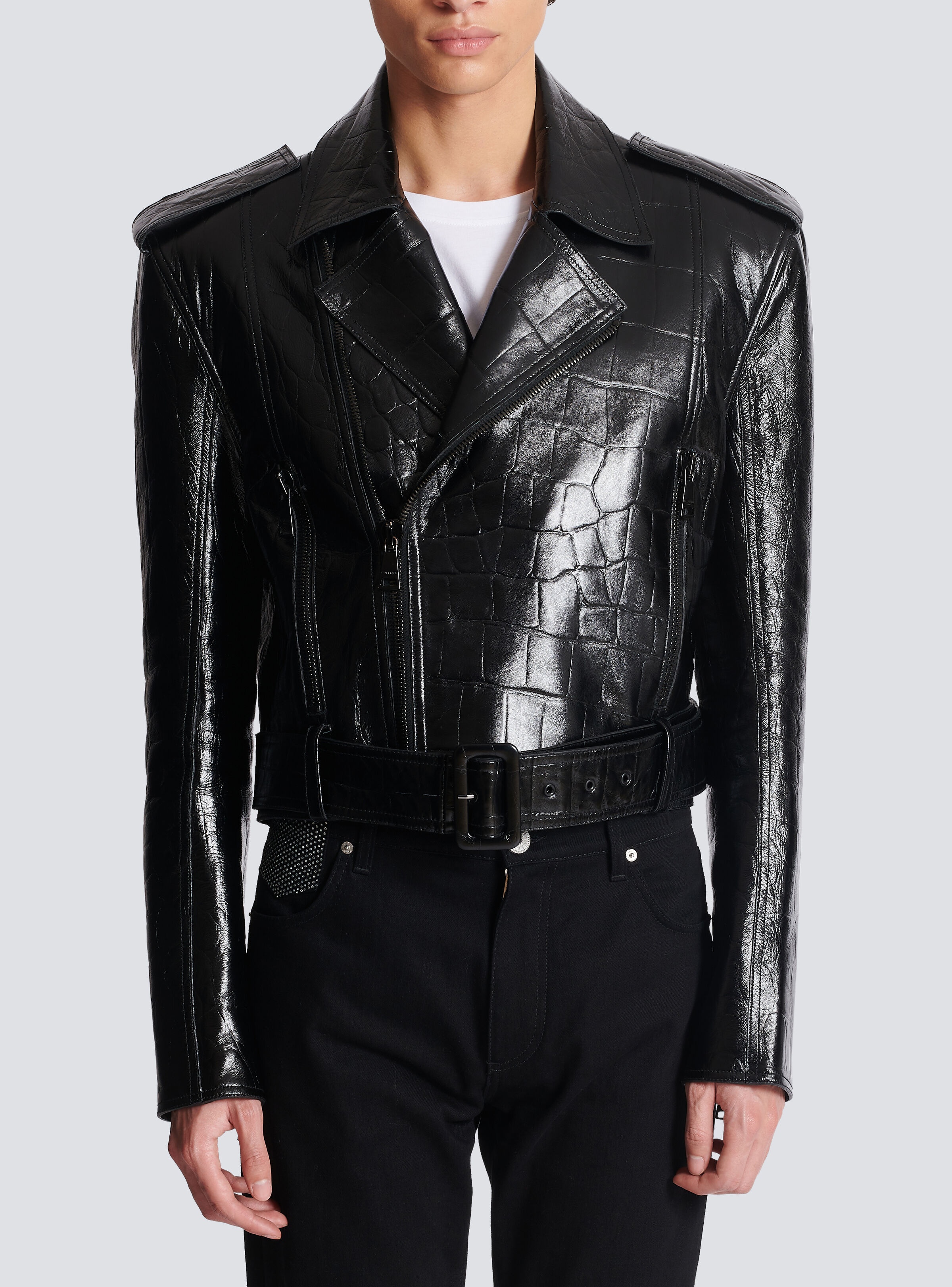 Crocodile-effect leather biker jacket - 5