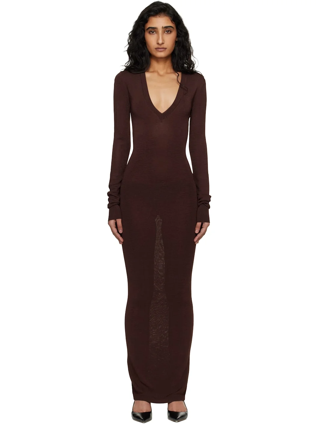 Brown Long Sleeve V Neck Maxi Dress - 1