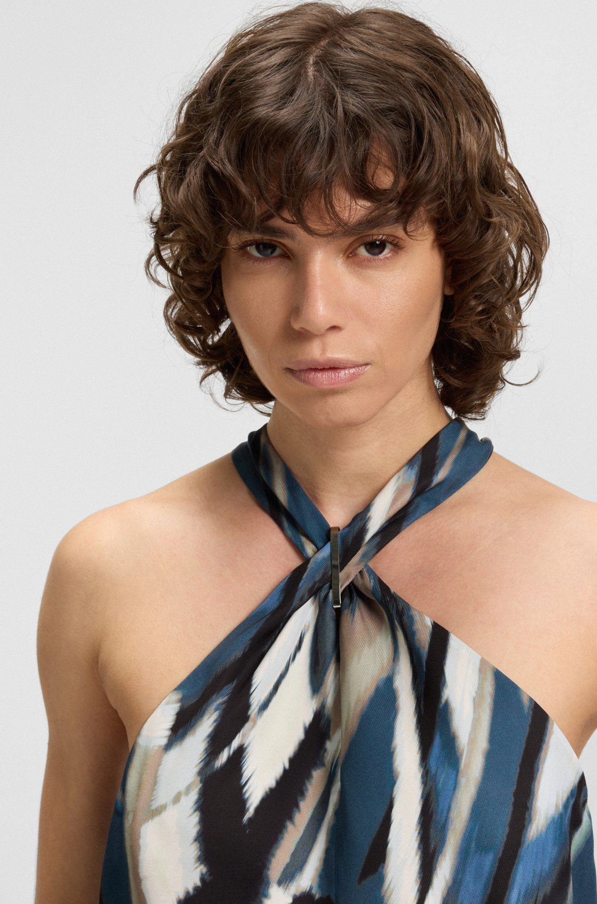 PRINTED-TWILL TOP WITH TIE NECKLINE - 4