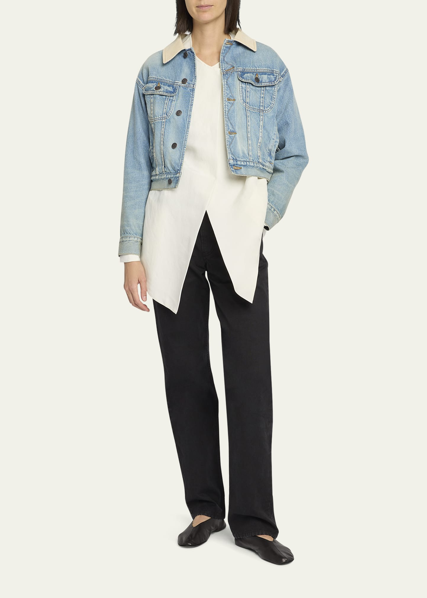 Joras Crop Denim Jacket with Corduroy Collar - 2