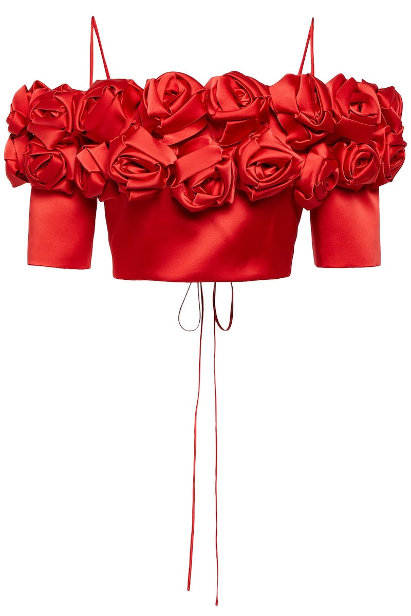 CROPPED FLOWER EMBELLISHED SATIN TOP - 1