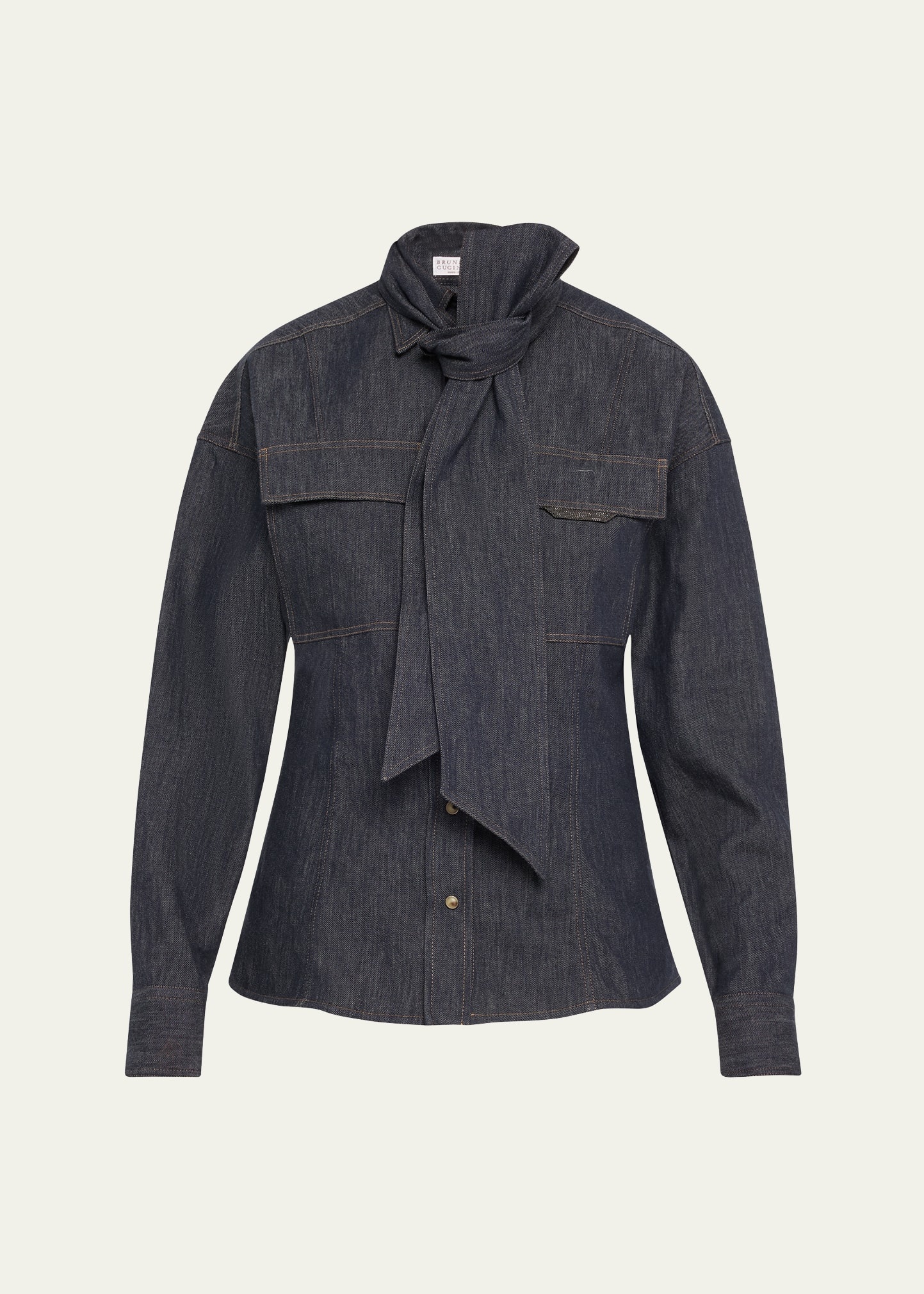 Lightweight Denim Shirt With Removable Bow - 1