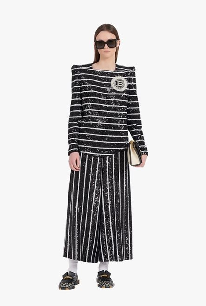 Balmain Wide black and white striped sequined pants outlook