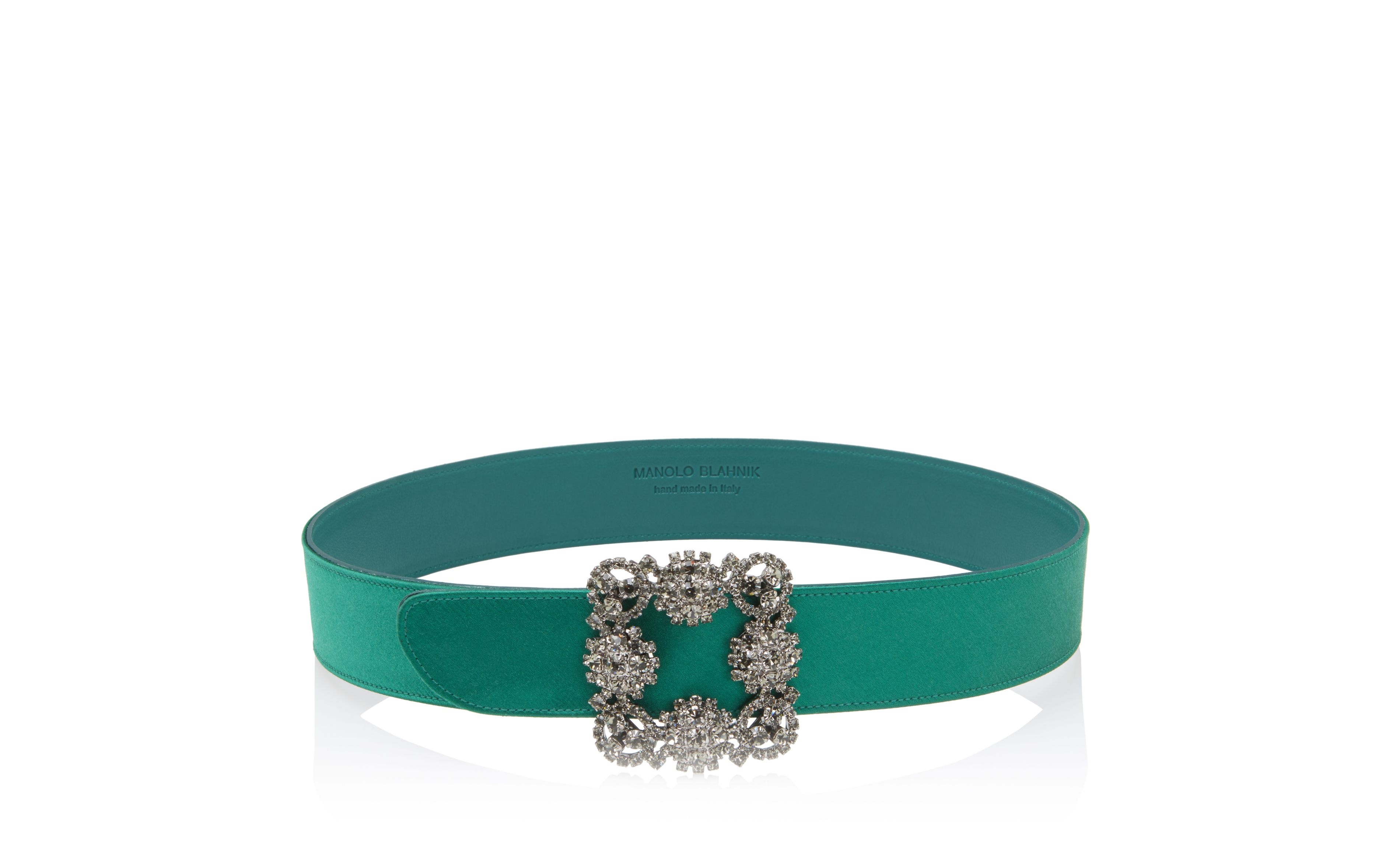 Green Satin Crystal Buckled Belt - 1