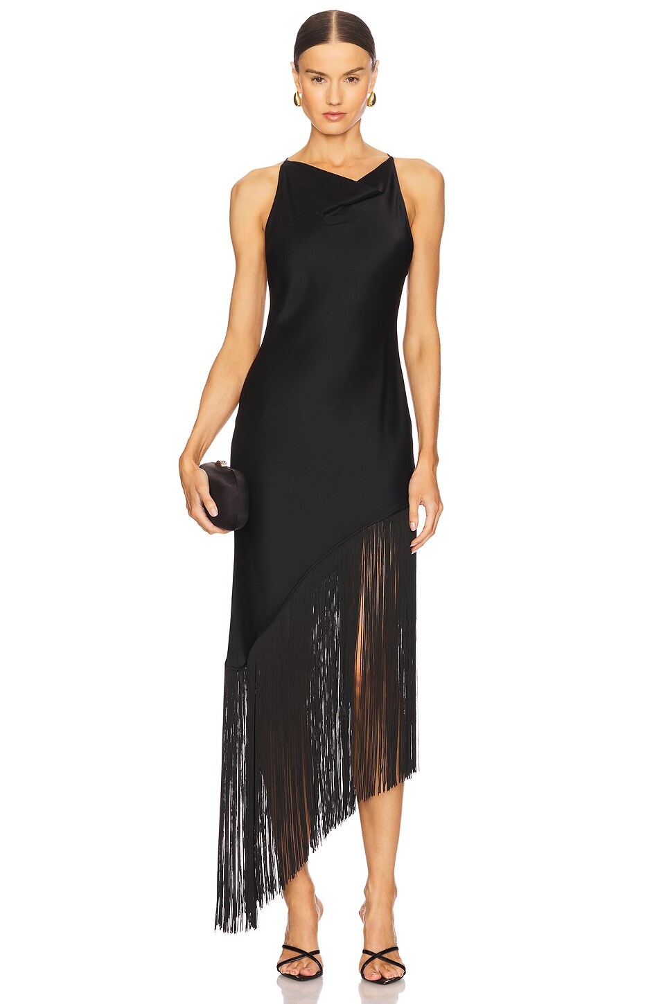 Satin Cowl Neck Fringe Dress - 2