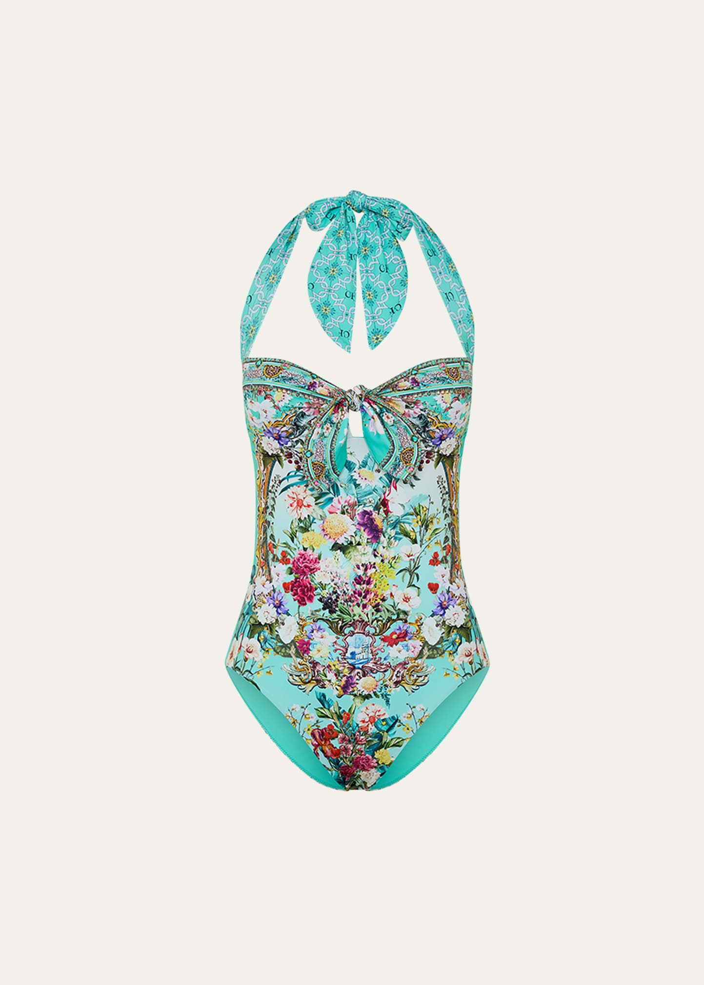 Gardens of Queluz Tie-Front Halter One-Piece Swimsuit - 1