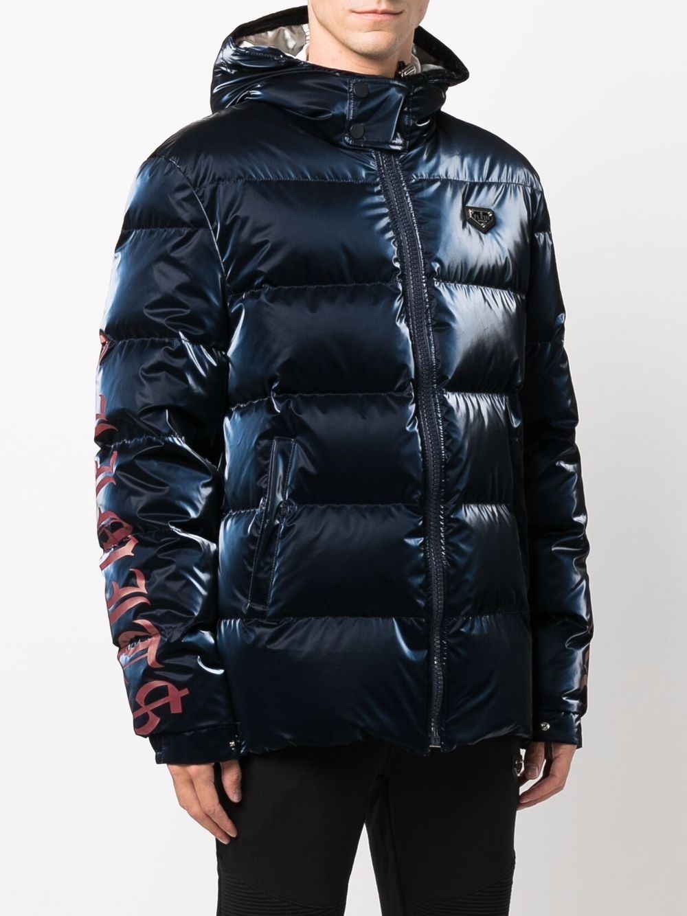 high-shine logo-print hooded puffer jacket - 4