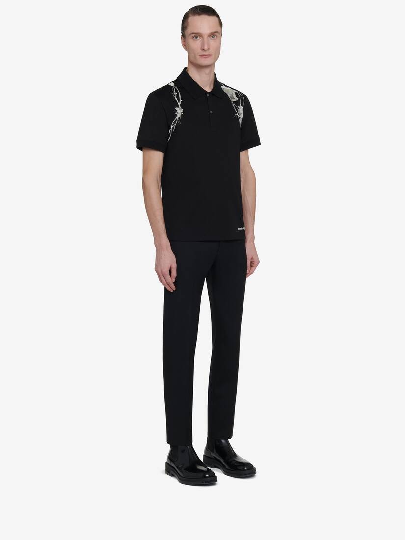 Men's Pressed Flower Harness Polo Shirt in Black - 4
