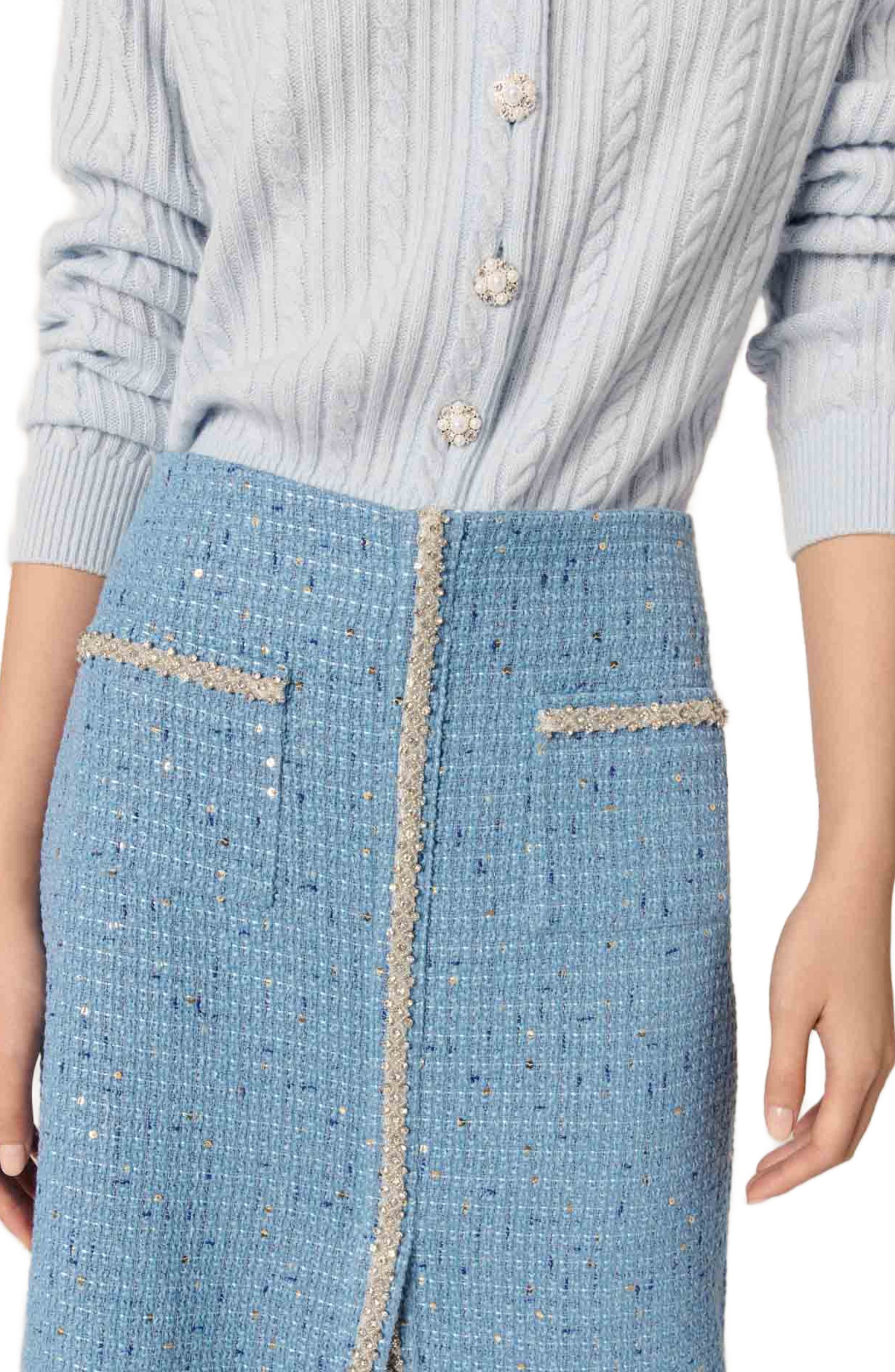 maje Sequin tweed midi skirt in Blue at Nordstrom - 4