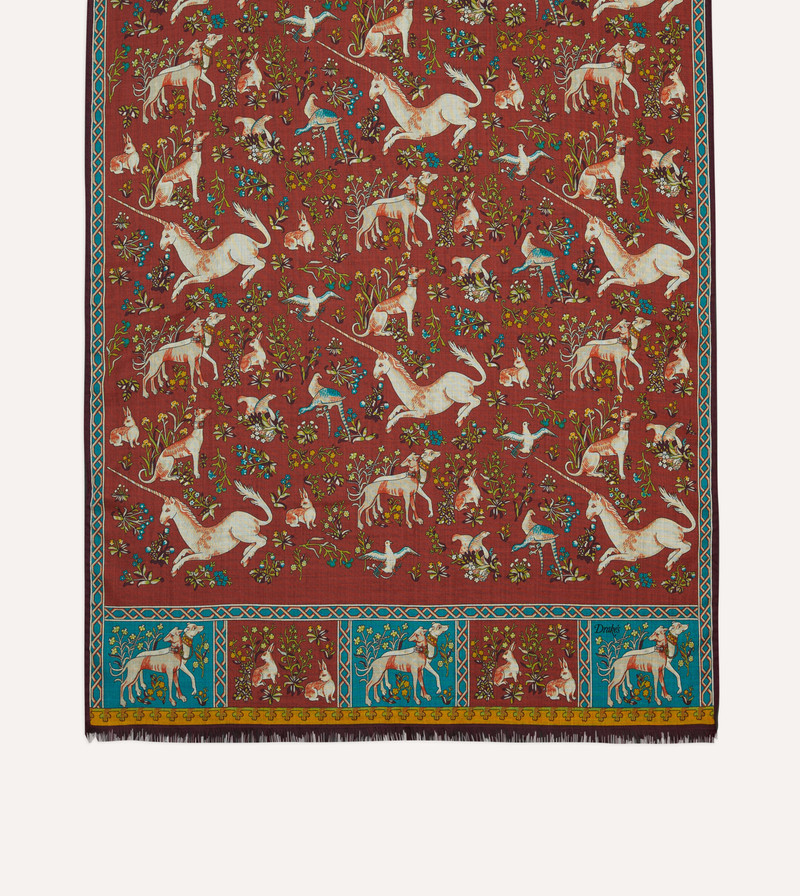 Red Unicorn Tile Print Wool-Silk Scarf 3