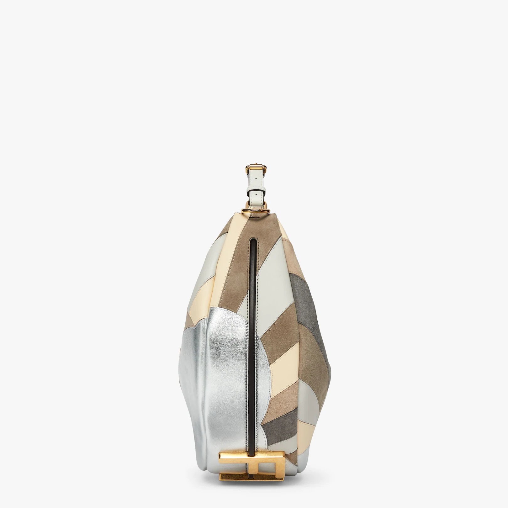 Medium hobo bag produced by inlaying leather, laminated leather and suede by hand to create a diagon - 4