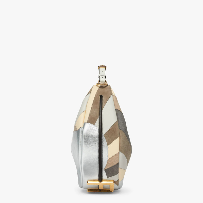 Medium hobo bag produced by inlaying leather, laminated leather and suede by hand to create a diagon 4