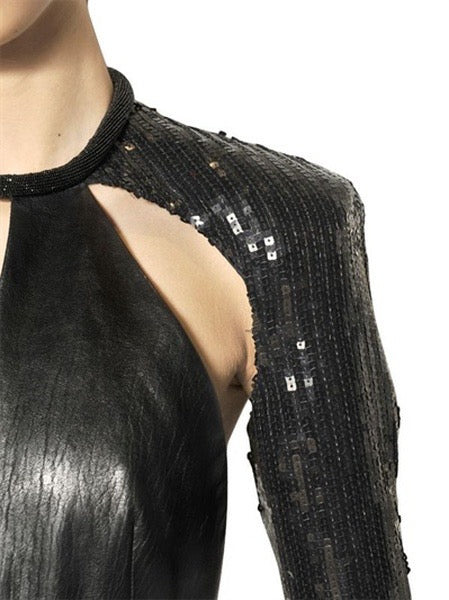 Saint Laurent Paris 2013 Hedi Beaded Collar Sequenced Sleeves Cut Out Backless Leather Dress - 6
