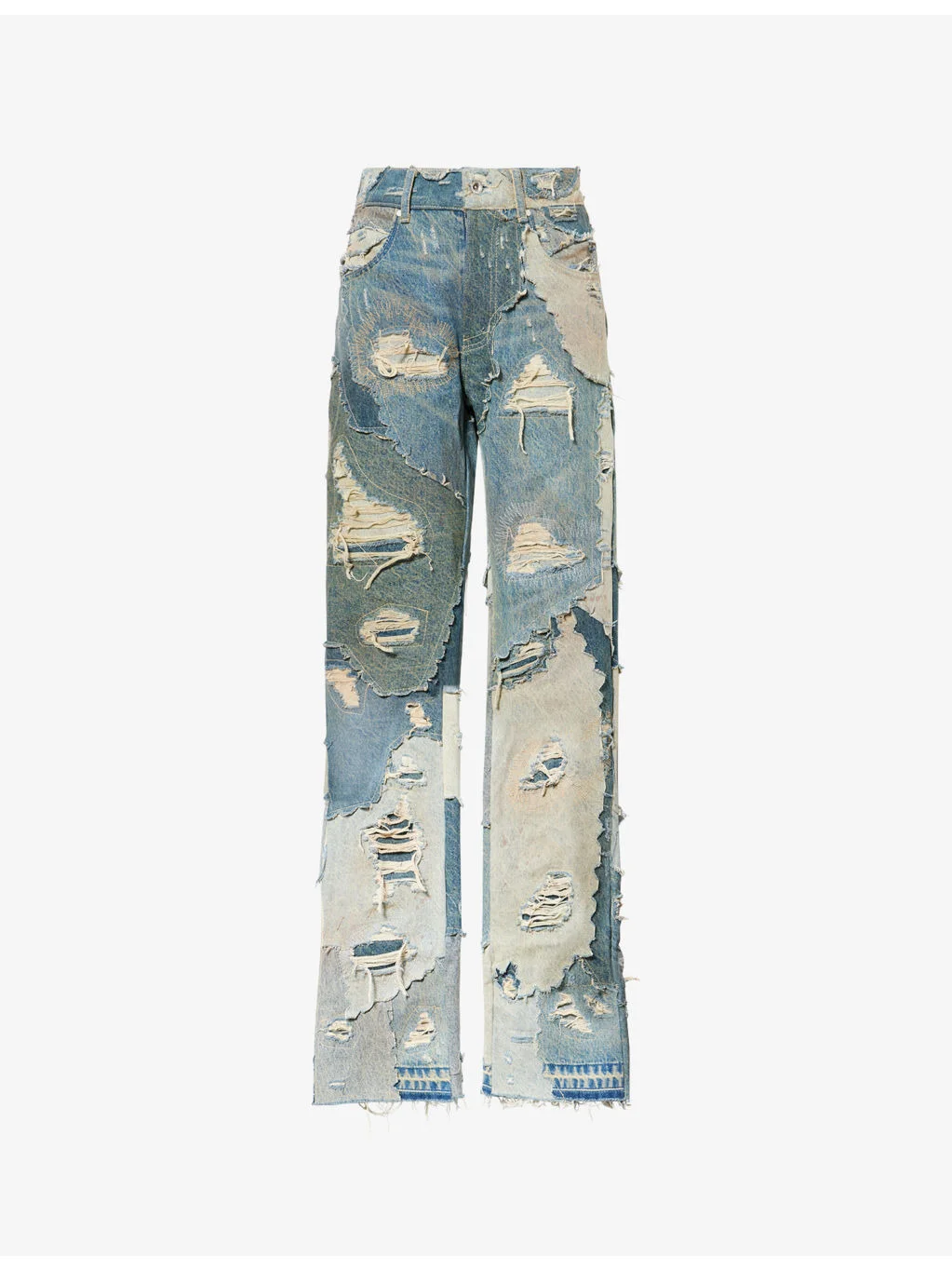 Distressed-Patchwork Denim Jeans - 1