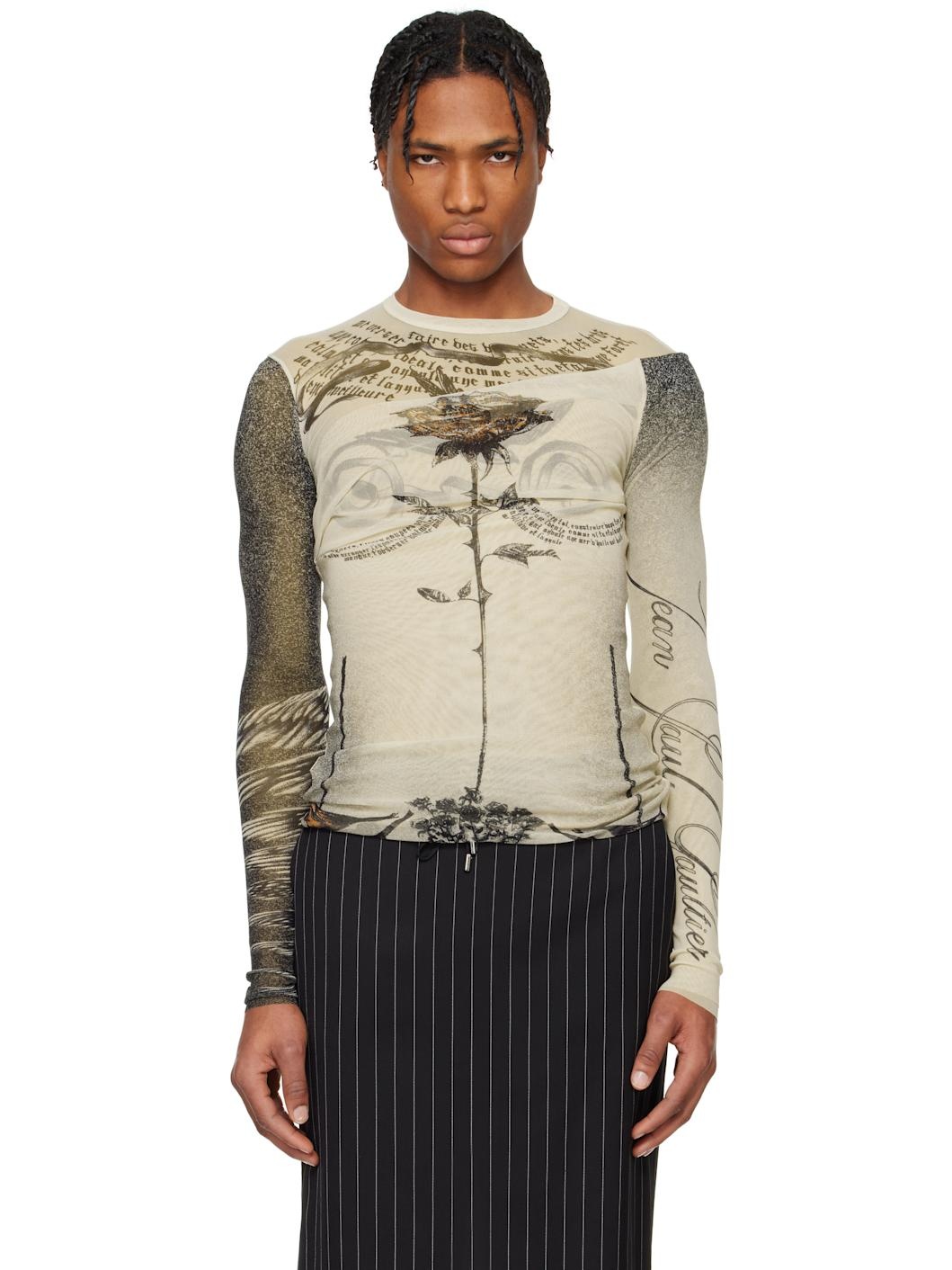 Beige 'The Tattoo Rose and Bird' T-shirt - 1