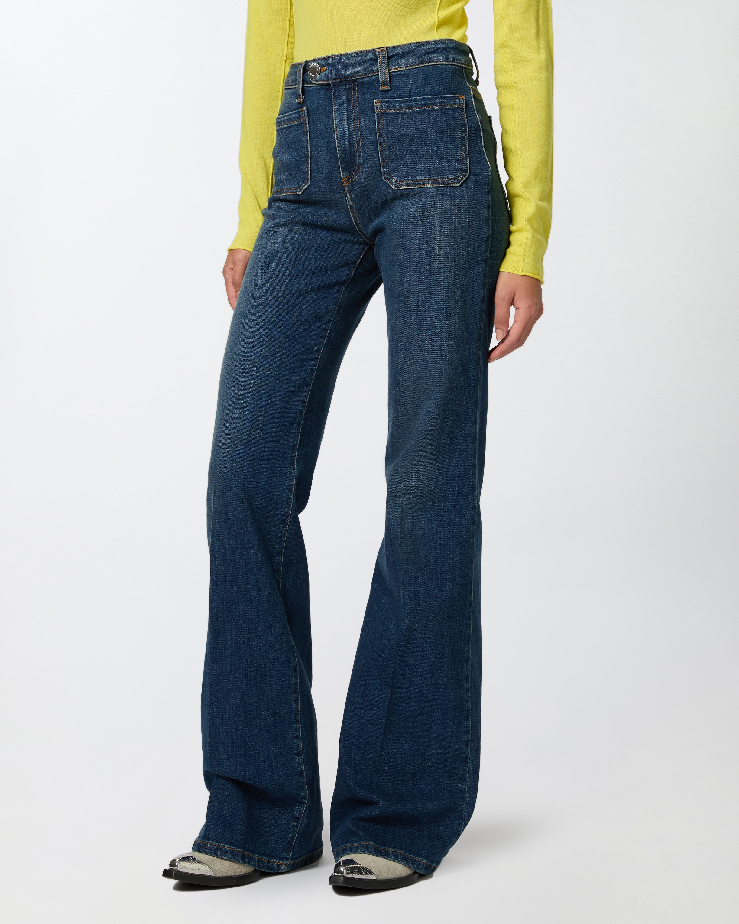 DARK BLUE FLARED JEANS WITH POCKETS - 3