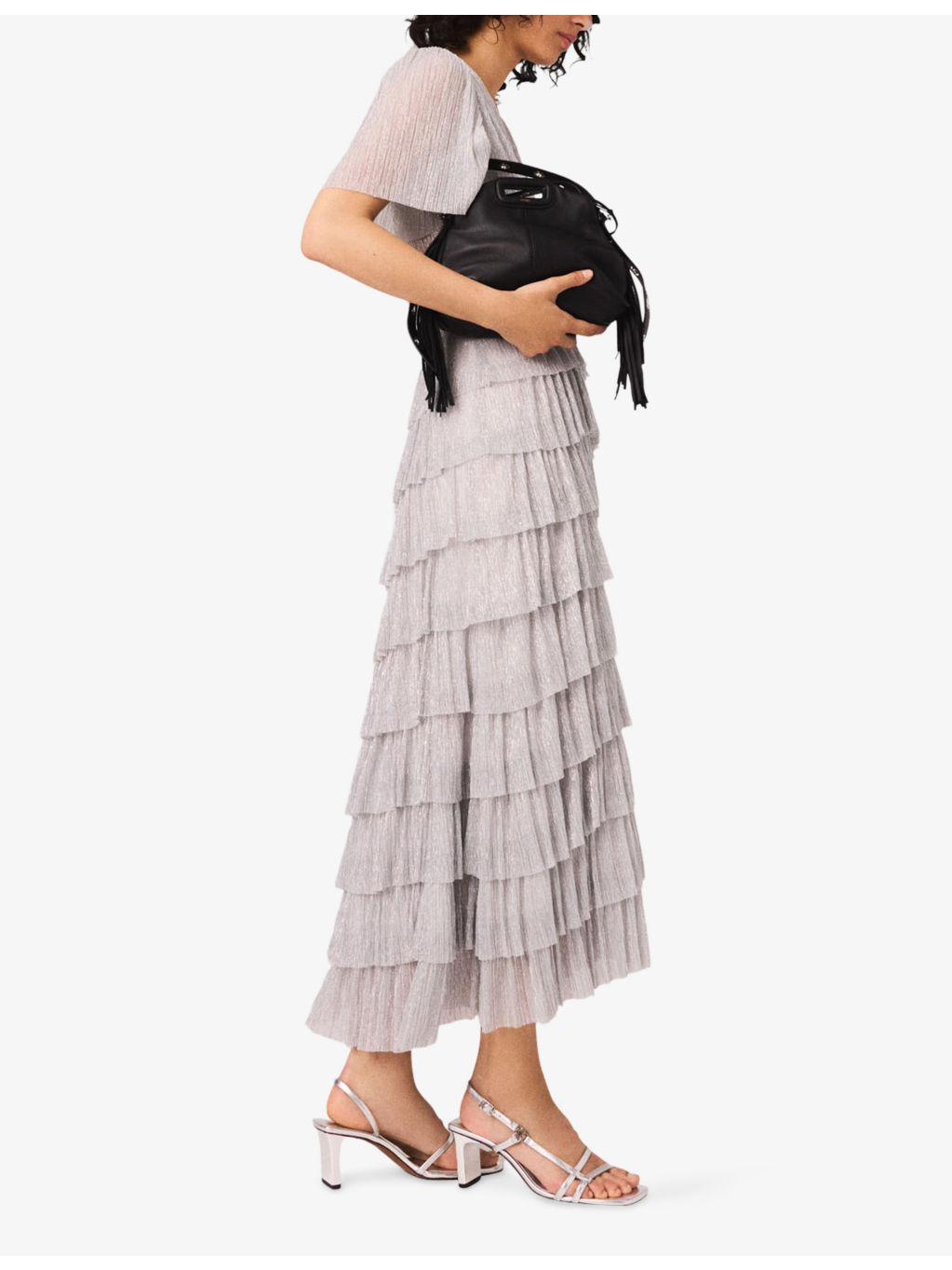 Ruffled V-Neck Metallic-Woven Maxi Dress - 4