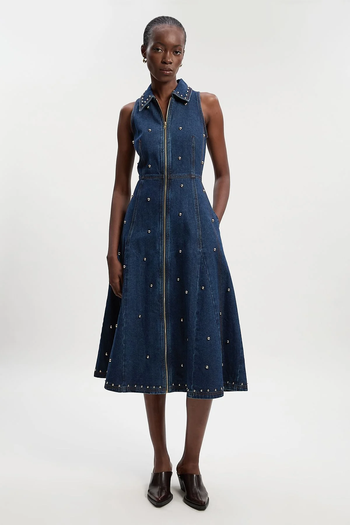 Denim Studded Sleeveless Midi Dress - 1