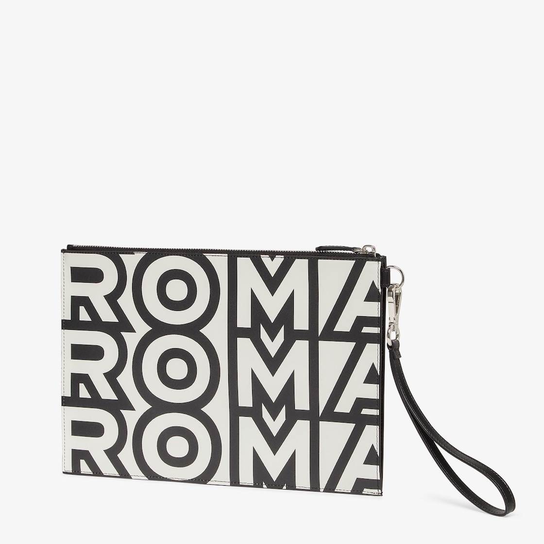 Flat pouch with removable bracelet handle. Zip fastening. Made of leather printed with the Fendi Rom - 2