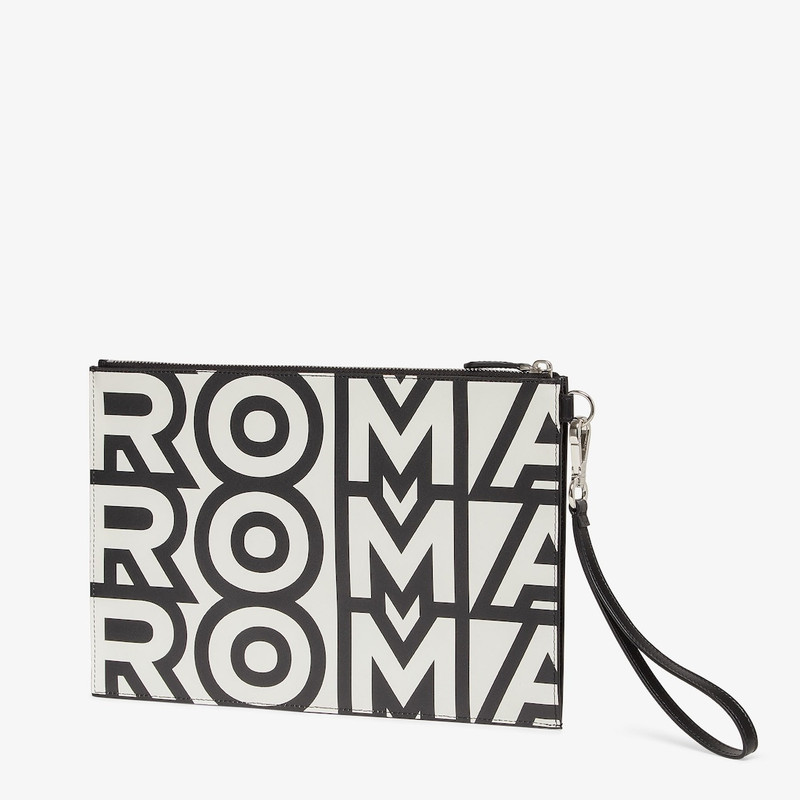 FENDI Flat pouch with removable bracelet handle. Zip fastening. Made of leather printed with the Fendi Rom outlook