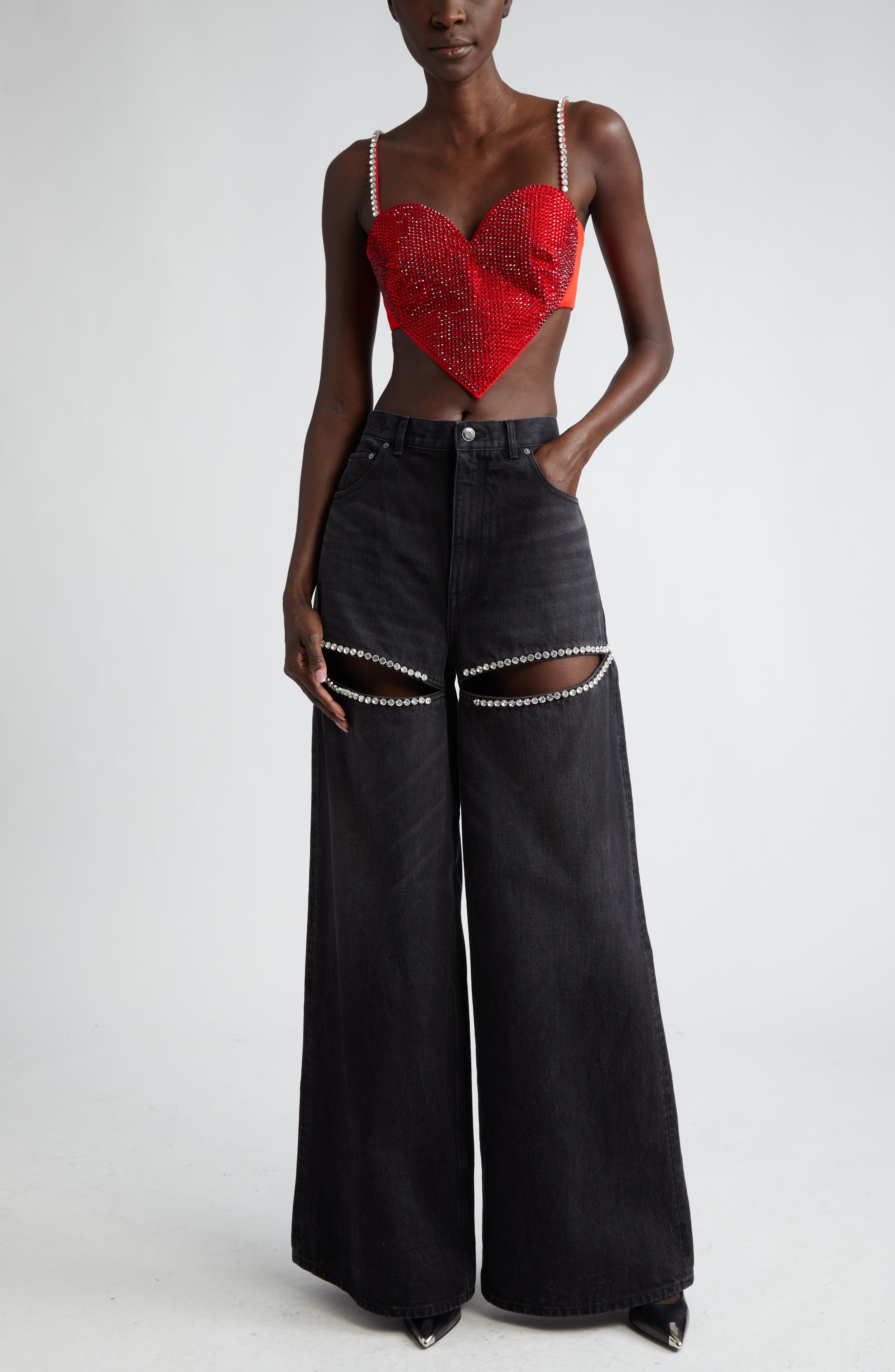 Crystal Embellished Cutout Wide Leg Jeans - 2