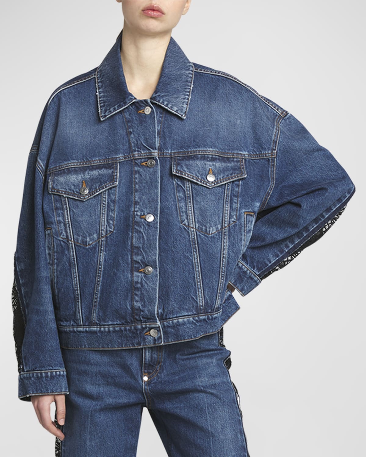 Lace-Detail Oversized Blu Vintage Denim Jacket - 7