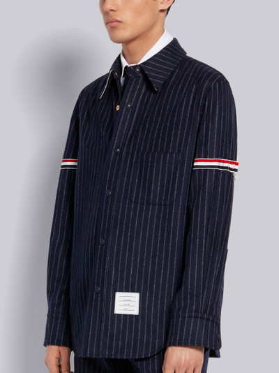 Thom Browne Navy Wool Flannel Tonal Ground Chalk Stripe Grosgrain Armband Snap Front Shirt Jacket outlook