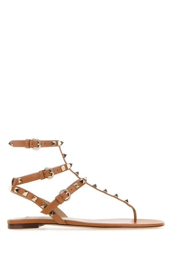 Valentino Garavani Woman Camel Leather Rockstud Thong Sandals - 1