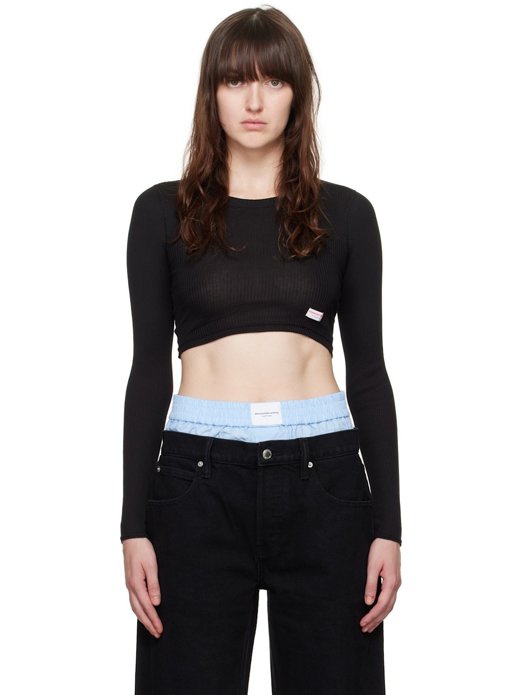 Black Cropped Long Sleeve T-Shirt - 1