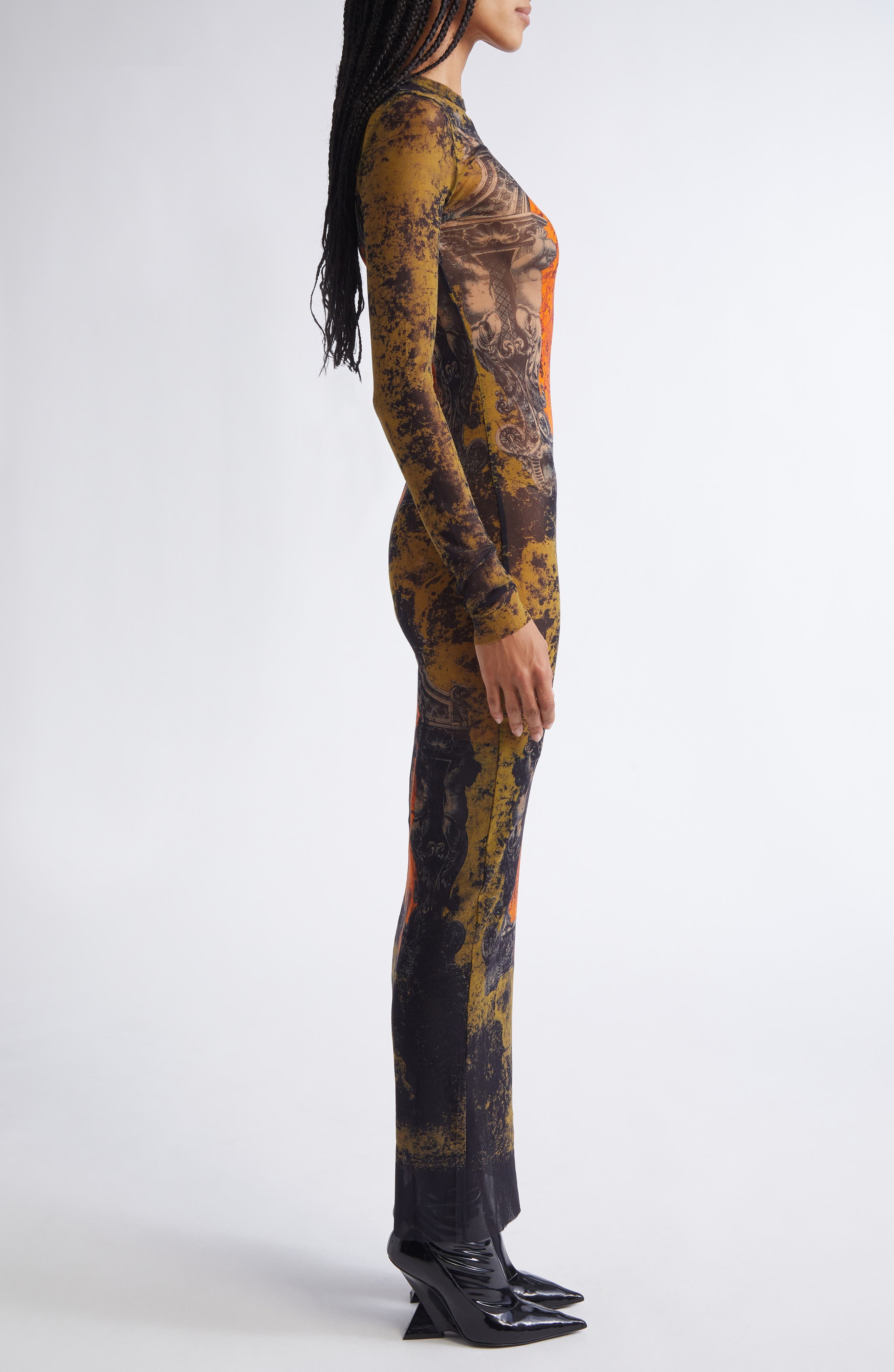 Jean Paul Gaultier Medallion Print Long Sleeve Mesh Body-Con Dress in Black/Khaki/Orange at Nordstro - 3