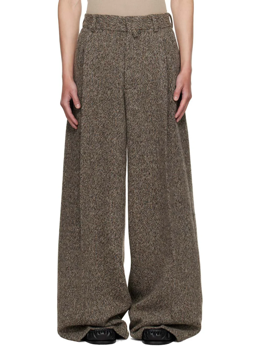 Beige Wide Pleated Trousers - 1
