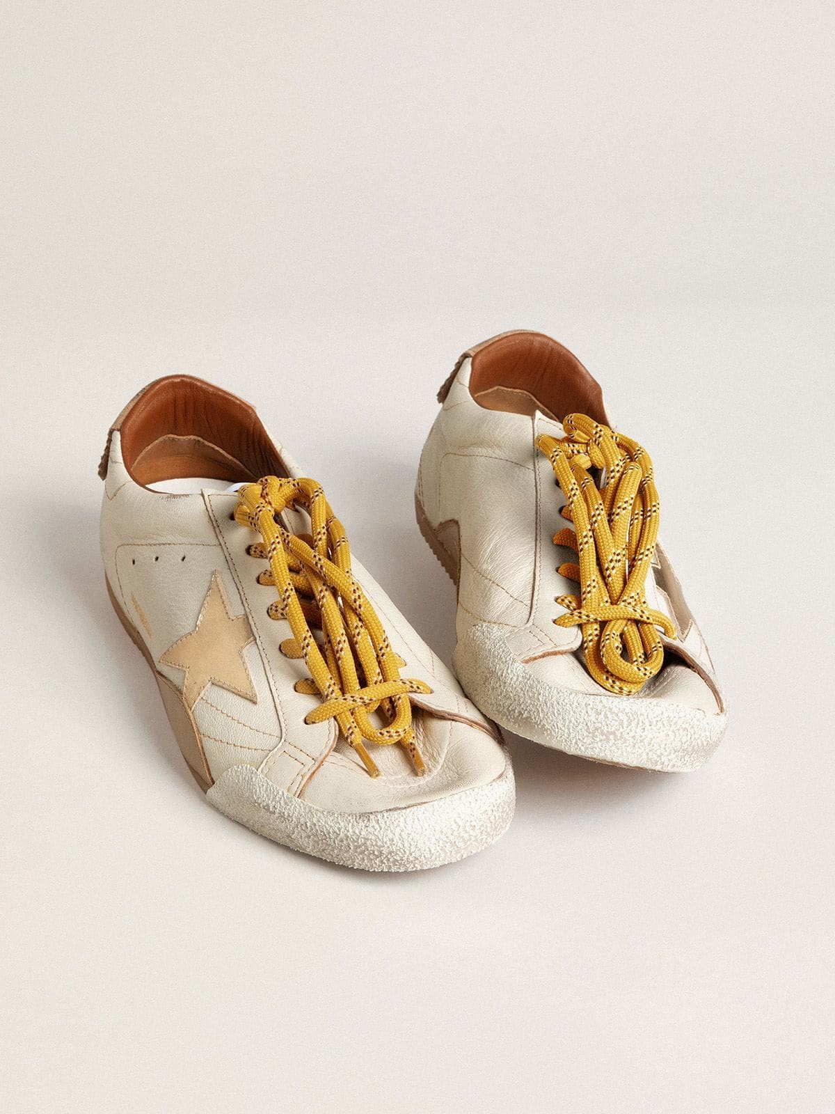 Women's True-Star in white nappa leather with gold star and beige suede heel tab - 8