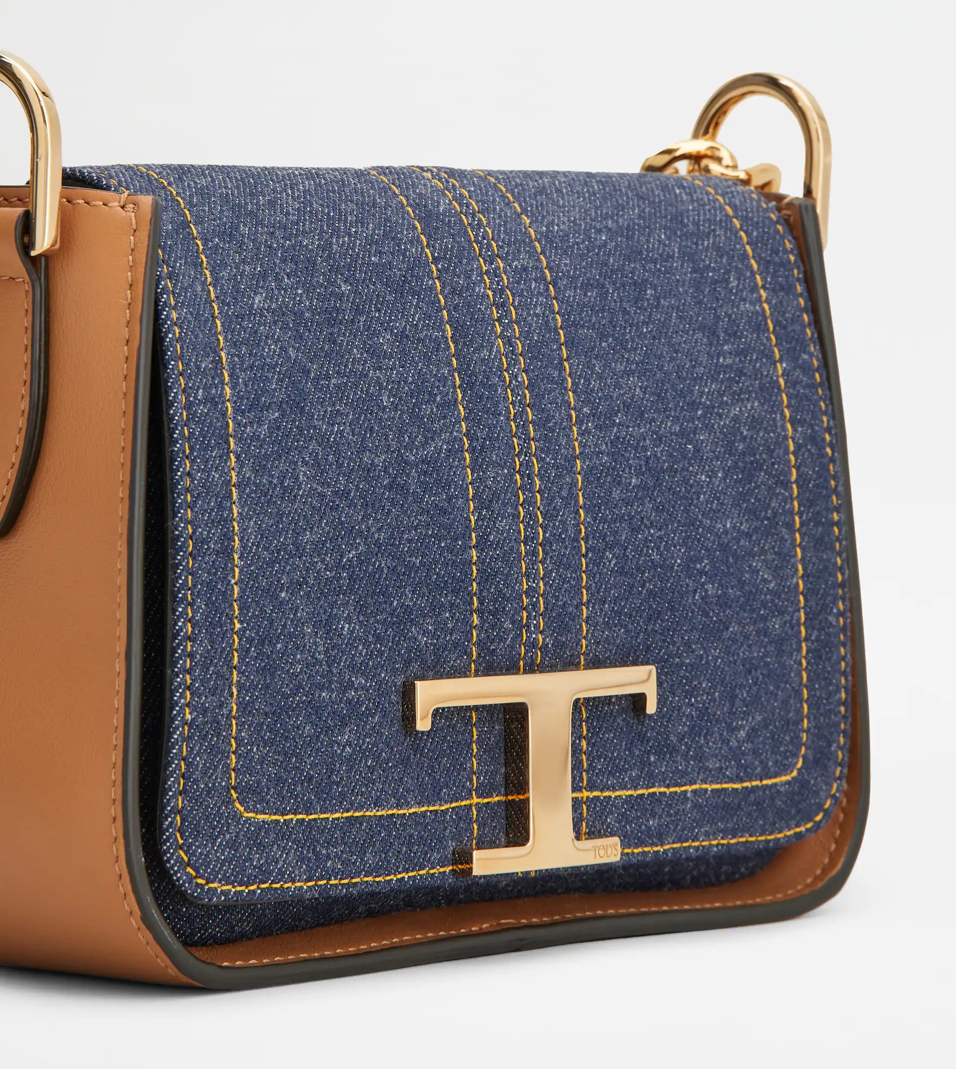TIMELESS CROSSBODY BAG IN LEATHER AND DENIM - BROWN, BLUE - 5