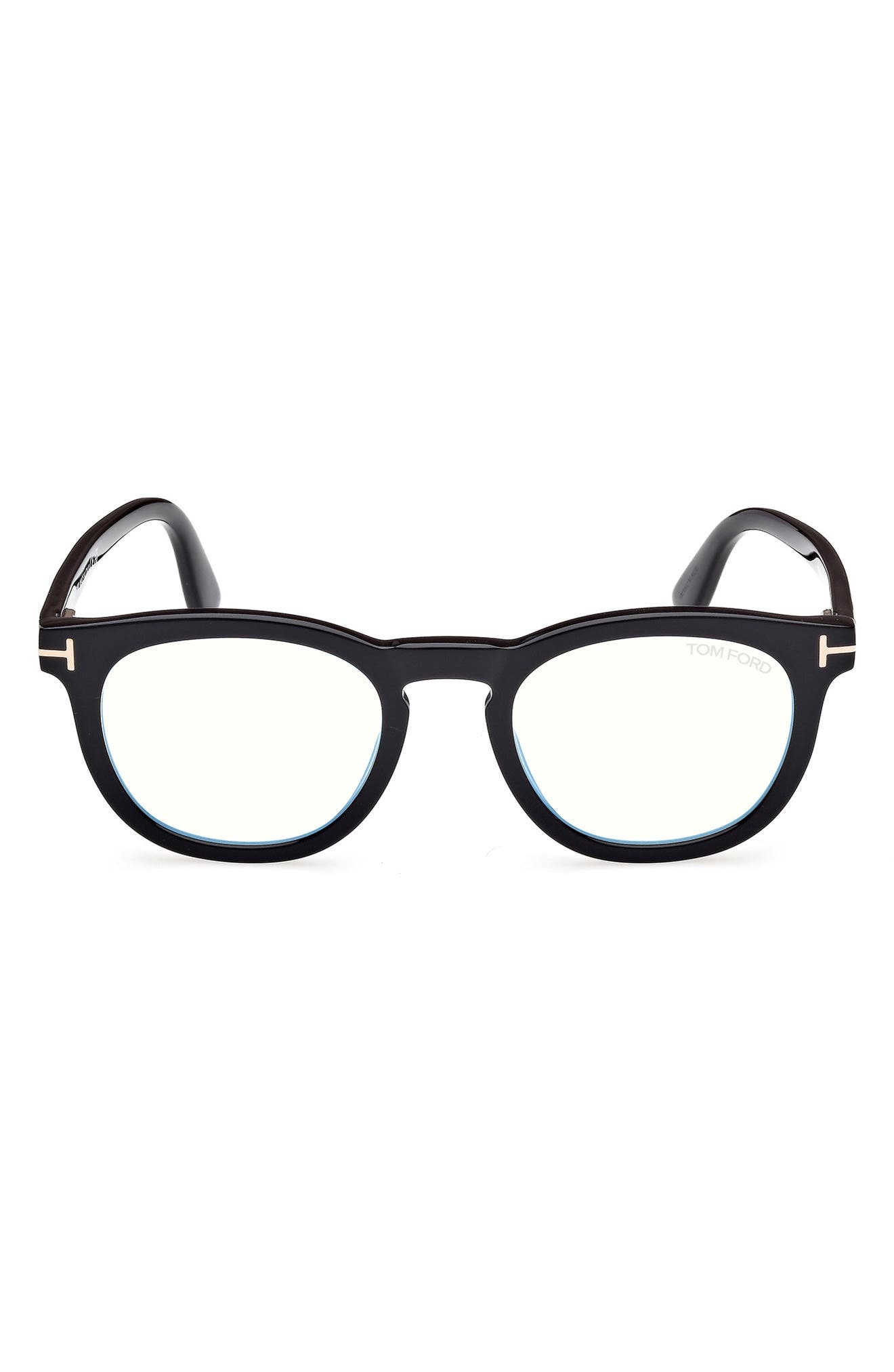 TOM FORD 50mm Small Round Blue Light Blocking Glasses in Black/Gold Eco /T Logo at Nordstrom - 1