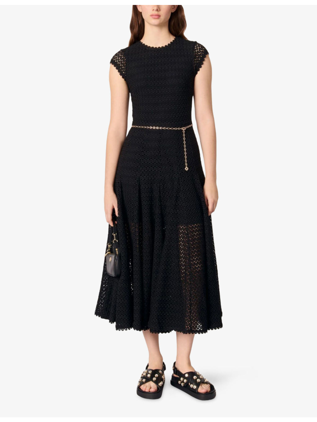 Chain-Belt Short-Sleeve Crochet Stretch-Knit Midi Dress - 2