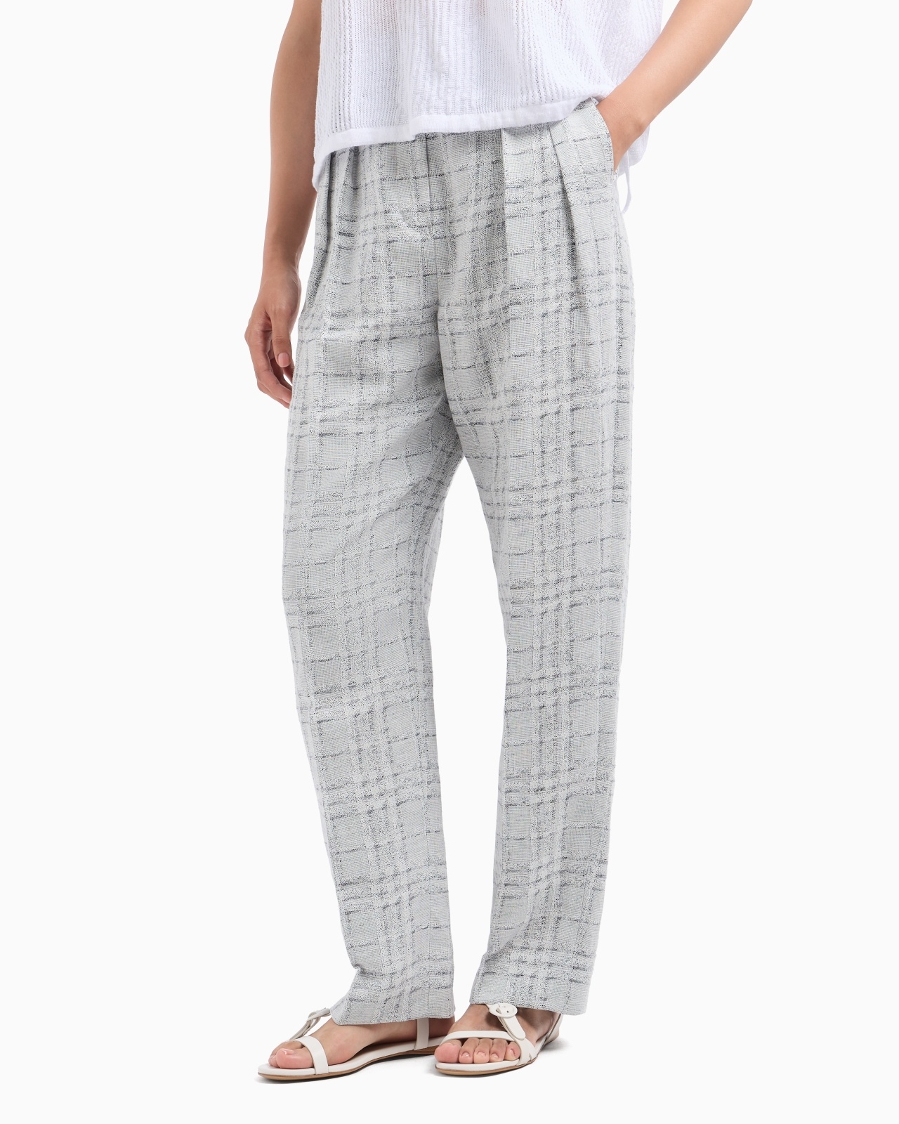 ICON CHECK-MOTIF LINEN-BLEND TROUSERS WITH PLEATS - 4