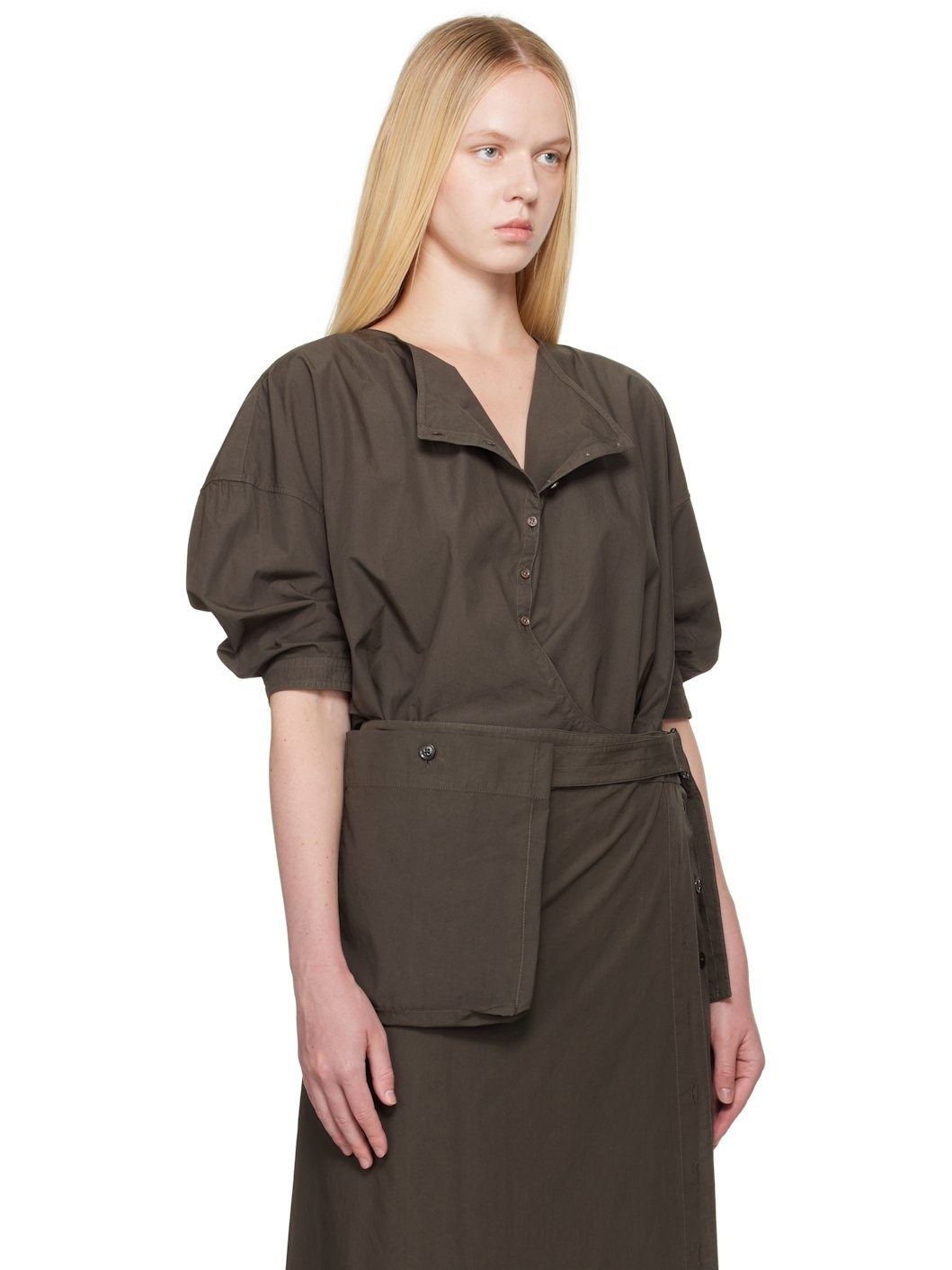 Brown Short Sleeve Twisted Shirt - 2