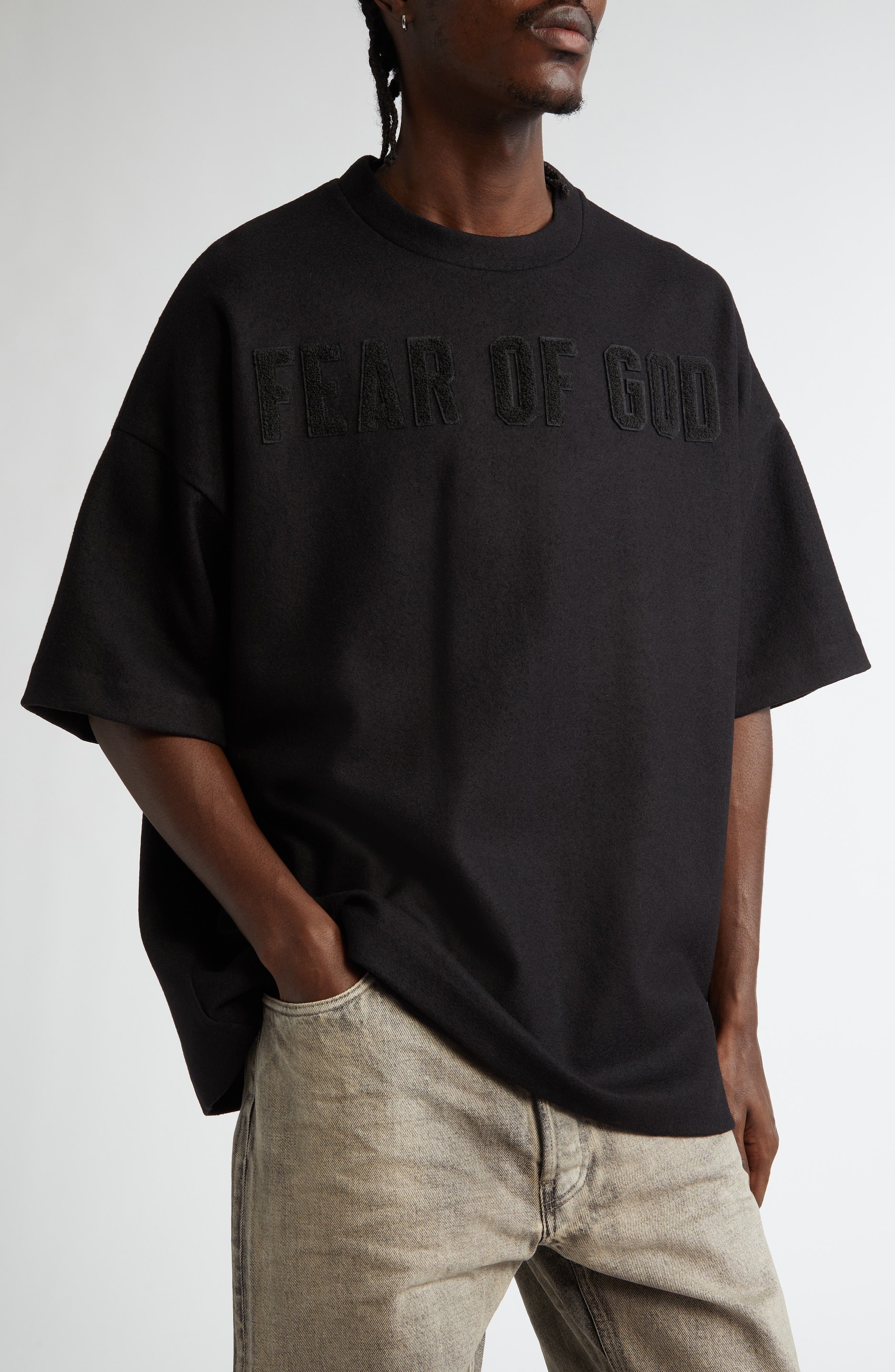 Fear of God Logo Patch Short Sleeve Merino Wool T-Shirt in Black at Nordstrom - 1