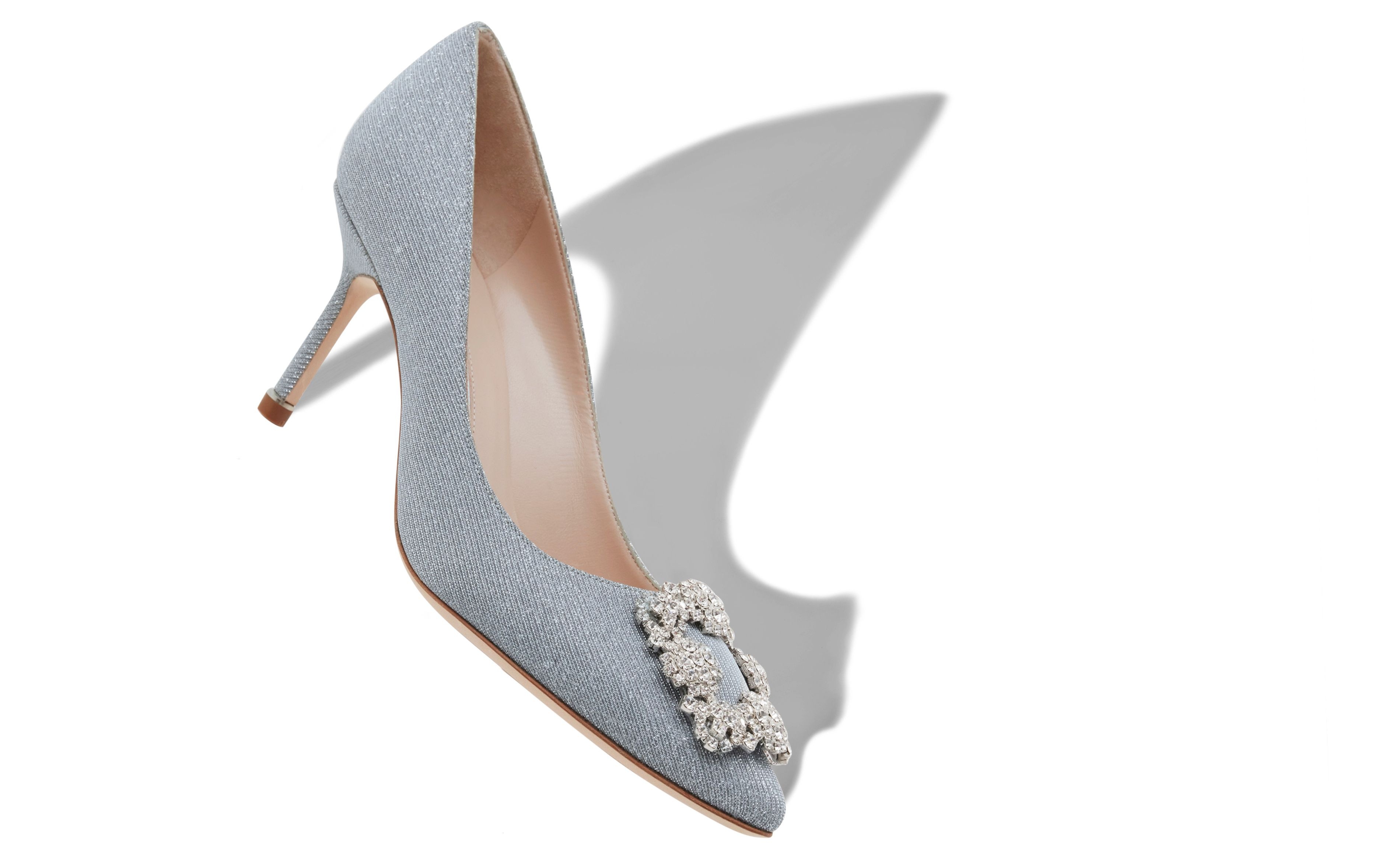 Silver Glitter Fabric Jewel Buckle Pumps - 2