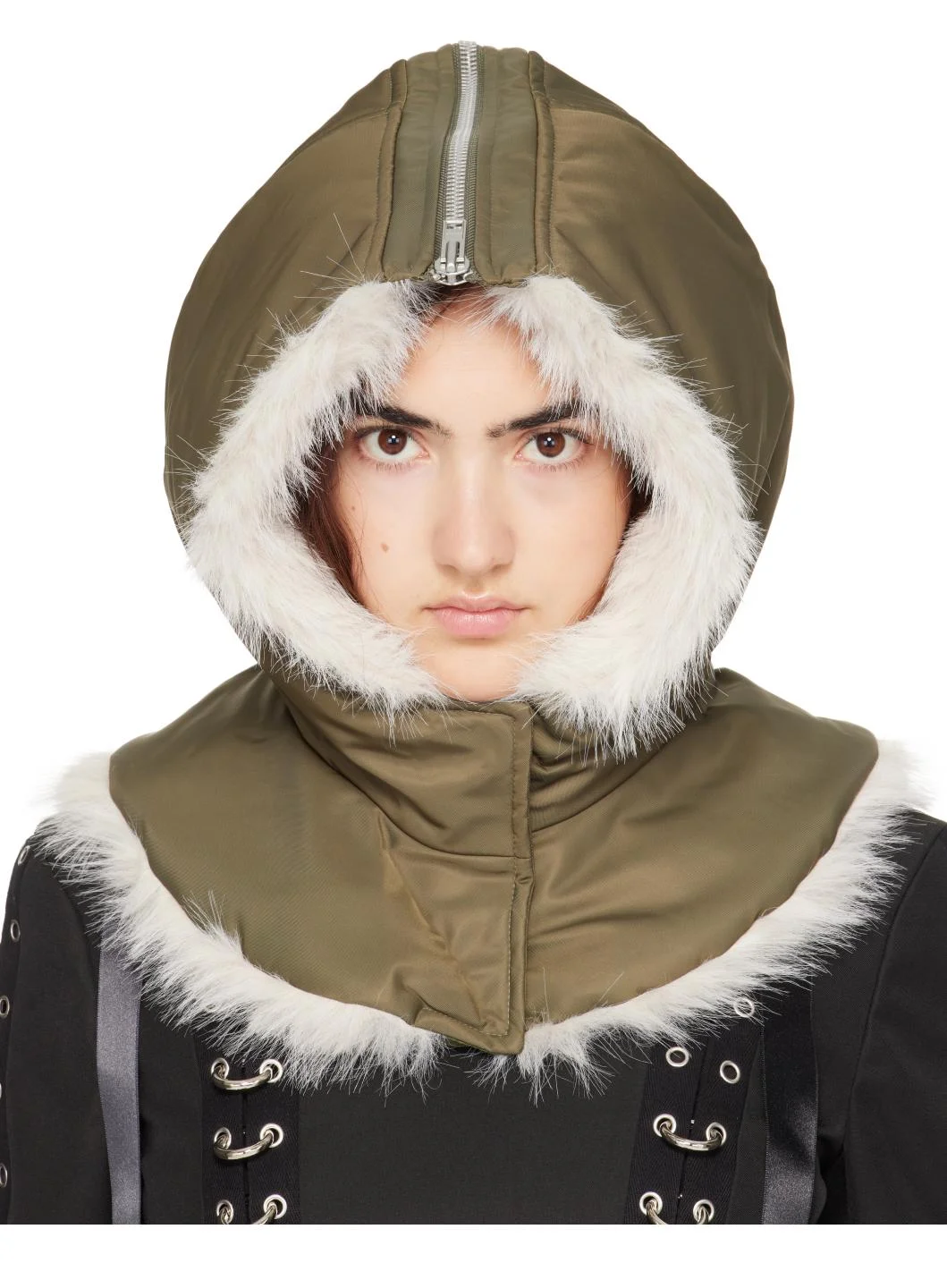 Khaki Split Faux Fur Zip Hood - 1