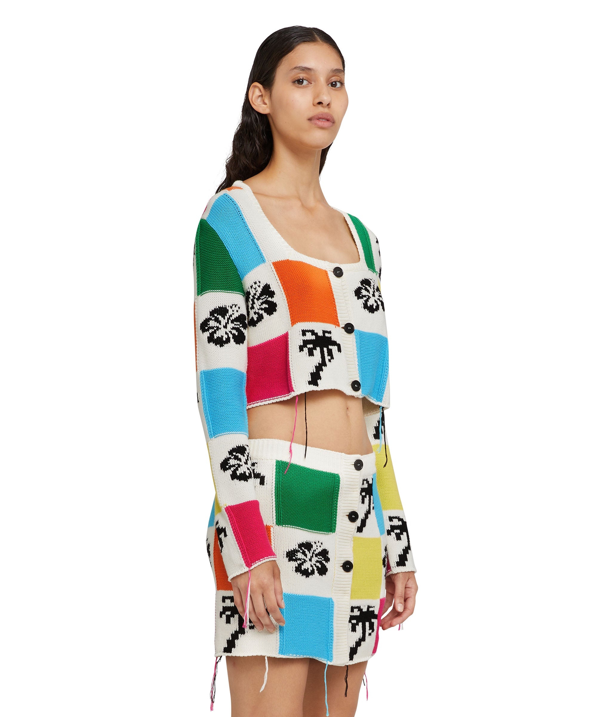 Patchwork knit crop cardigan with hibiscus and palm inlays - 4