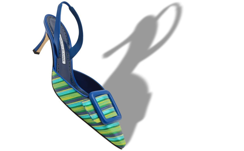 Manolo Blahnik Blue And Green Cotton Buckle Detail Slingback Pumps outlook