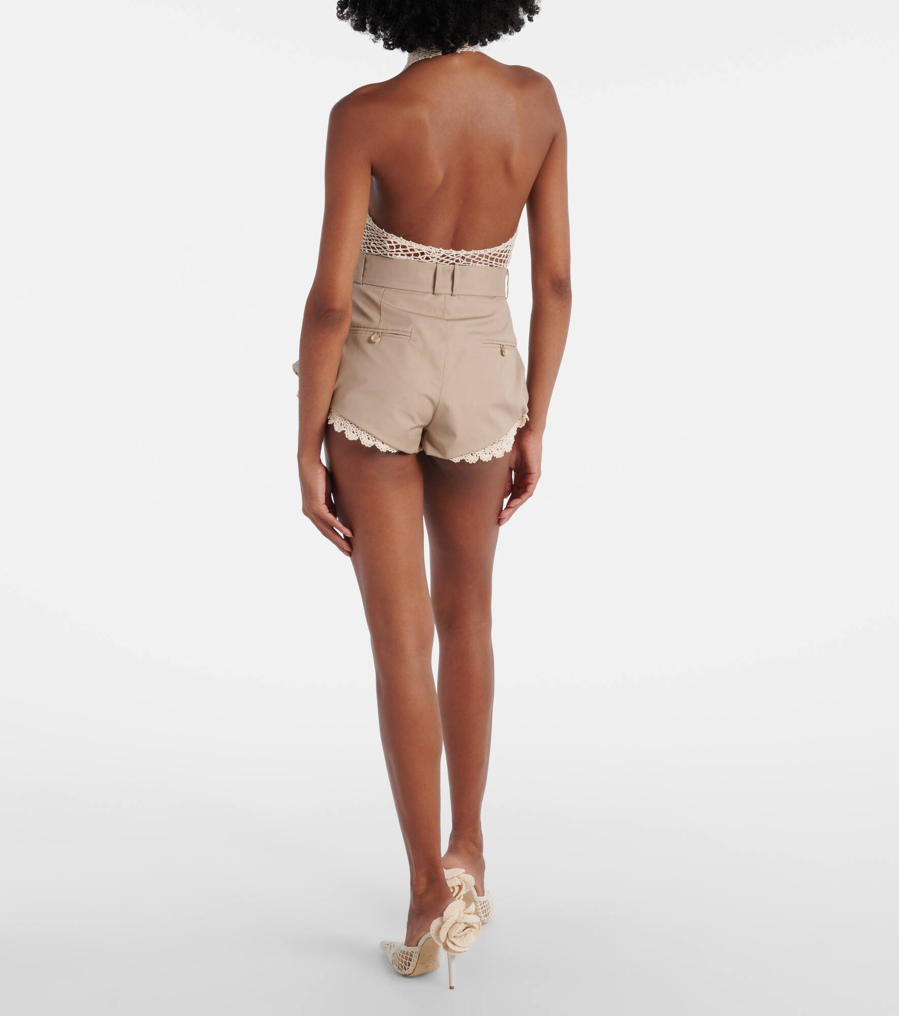 Belted crochet-trimmed cotton micro shorts - 3
