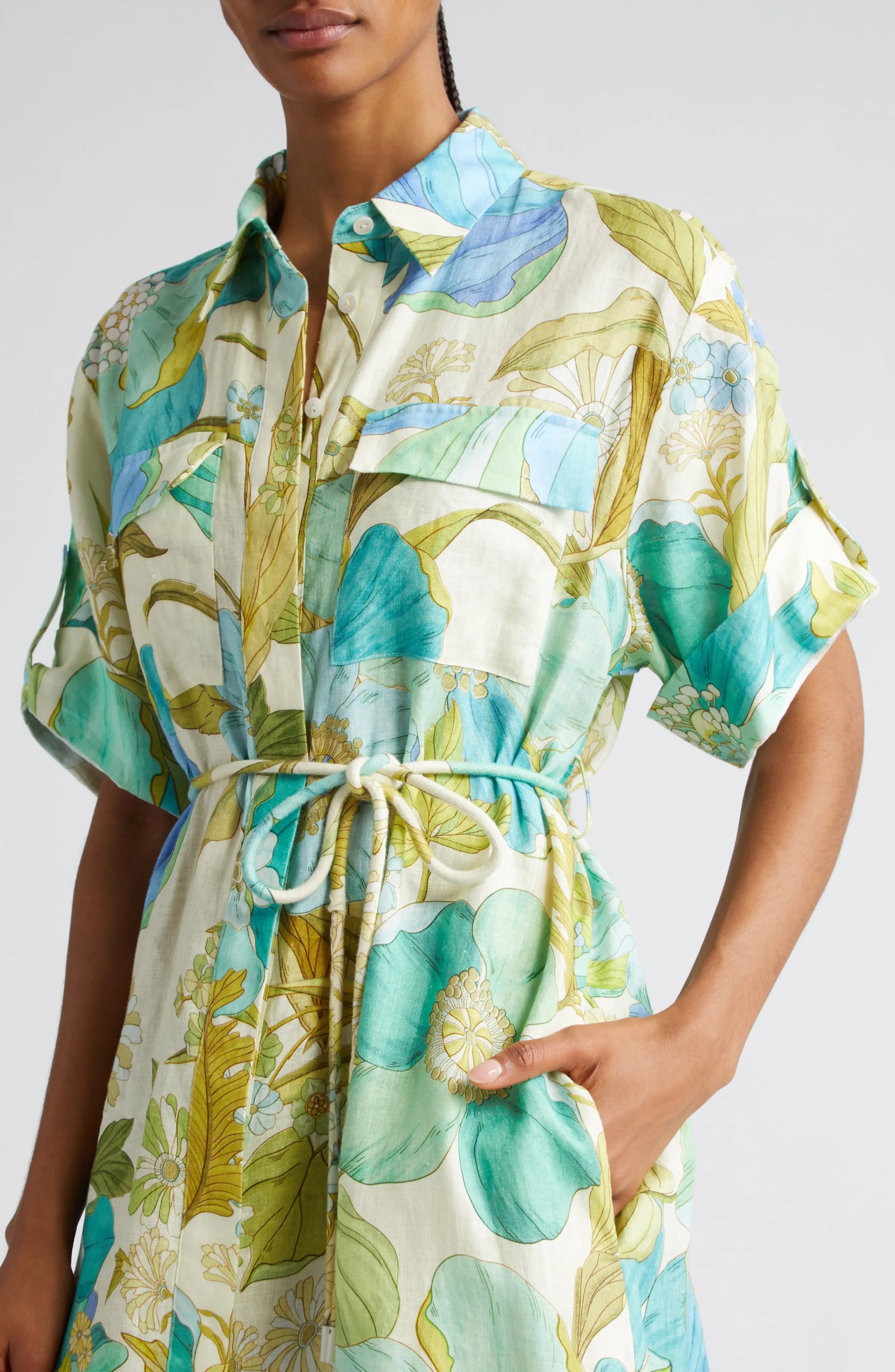 Janis Floral Print Belted Linen Midi Shirtdress - 4