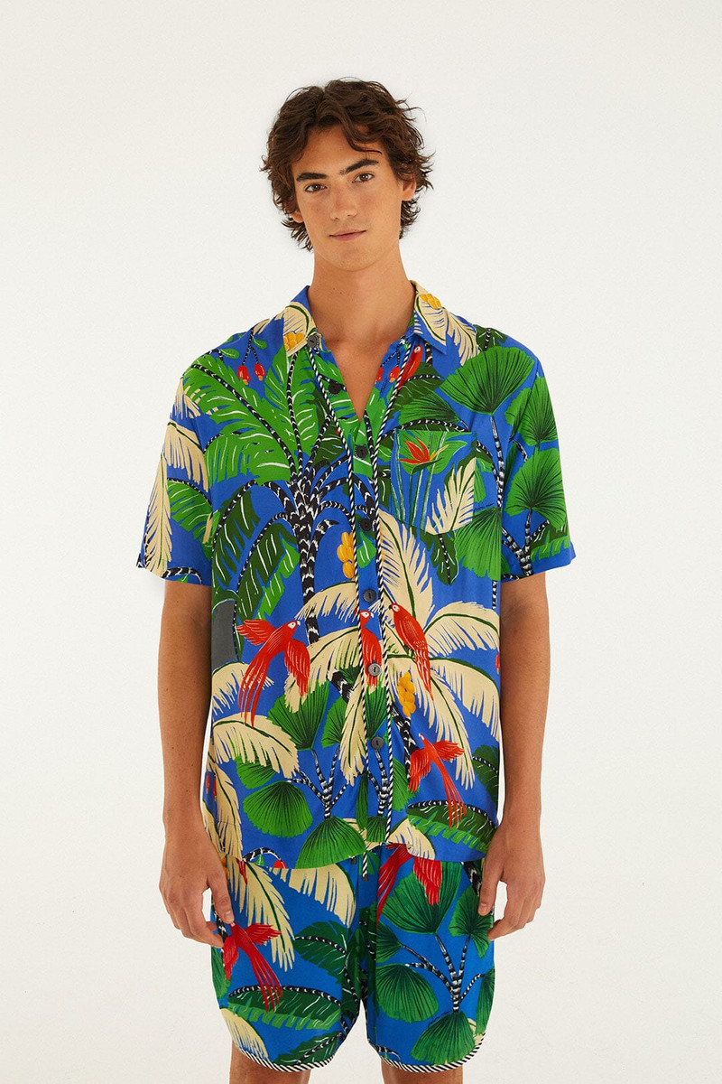 Blue Tropical Island Drawstring Lenzing™ Ecovero™ Viscose Shorts 1