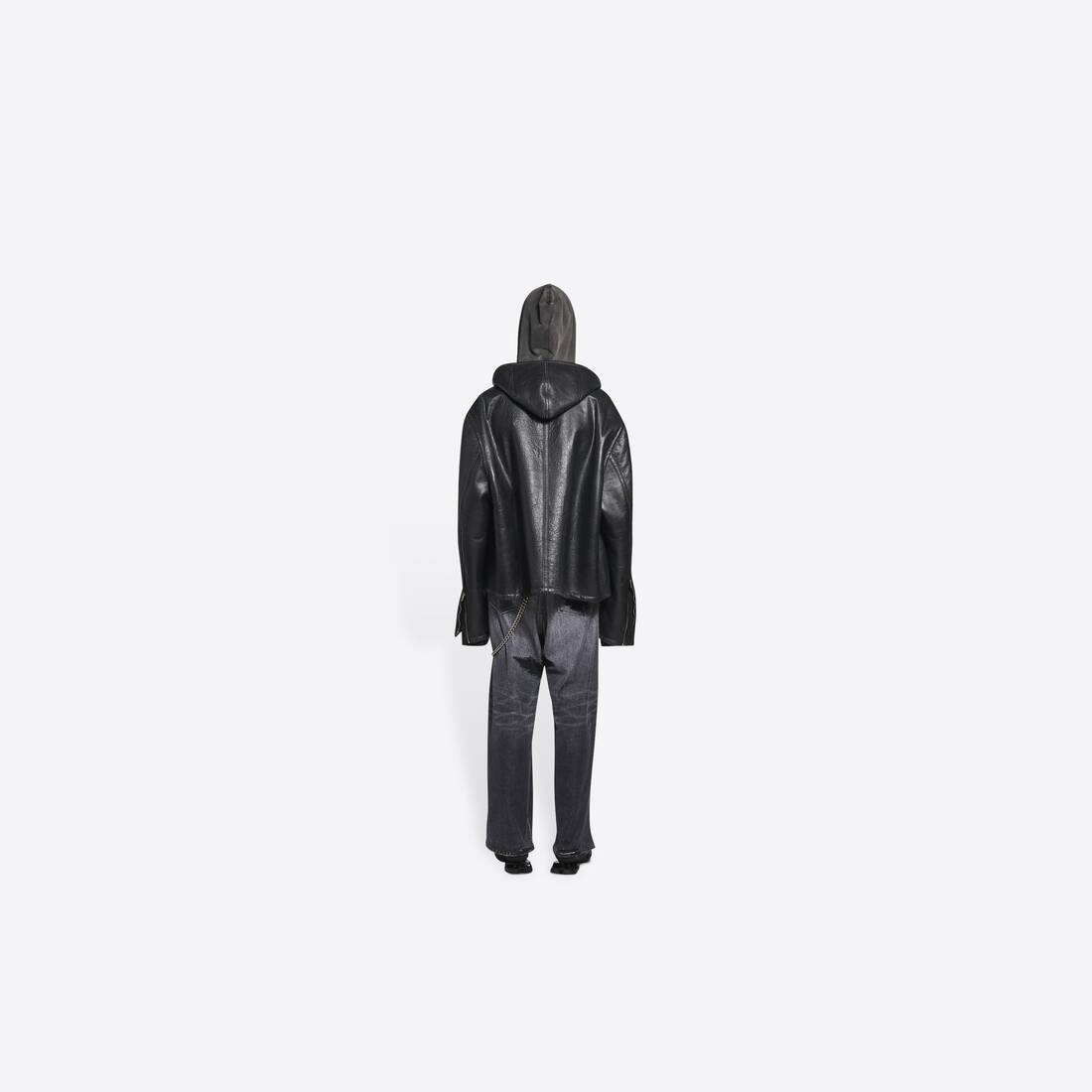 Men's Hooded Shearling Jacket in Black - 5